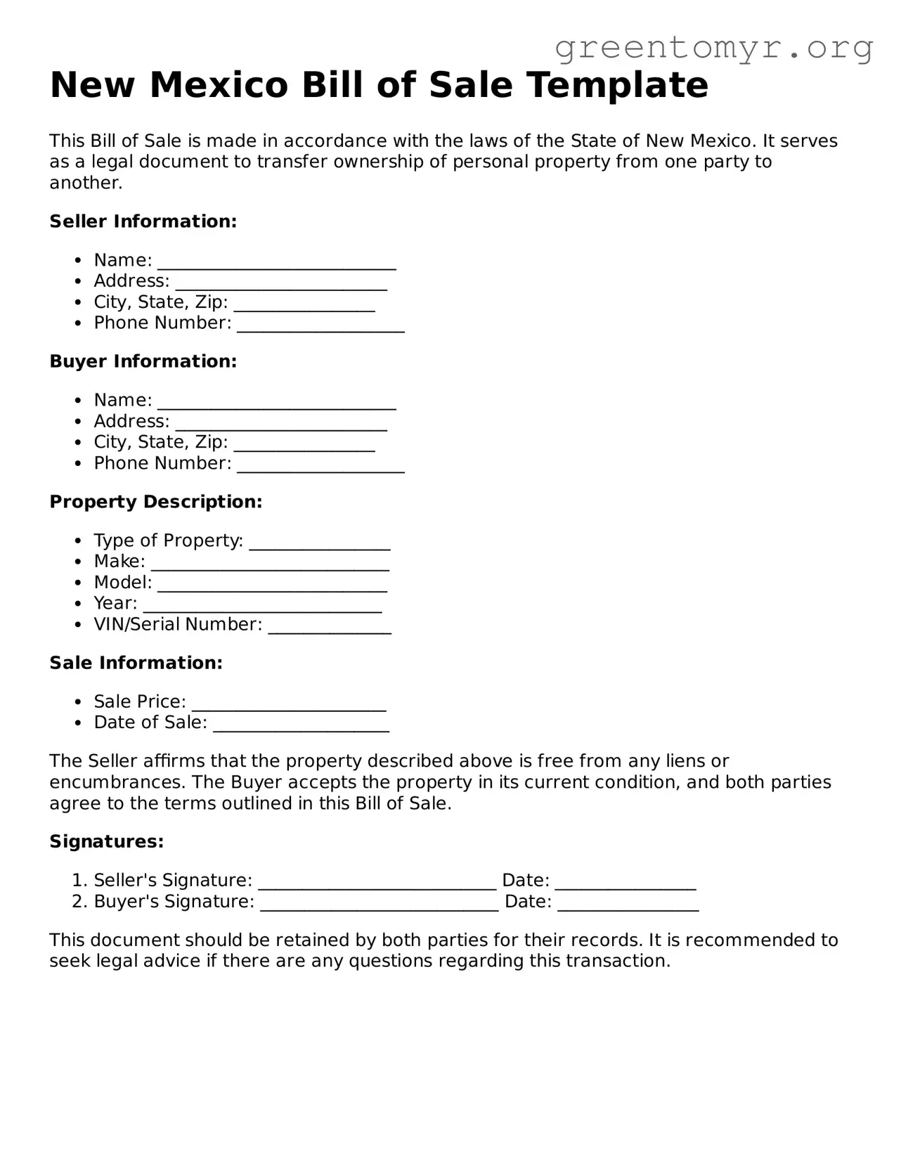 Bill of Sale Form for the State of New Mexico