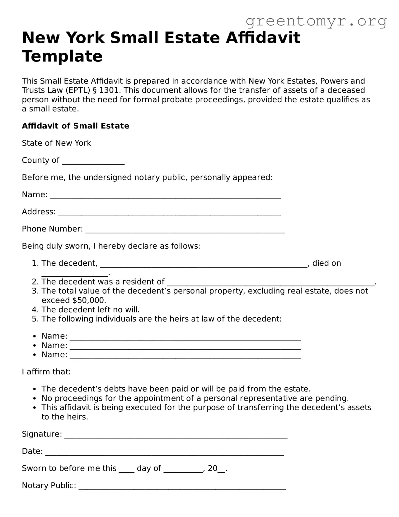 Small Estate Affidavit Form for the State of New York