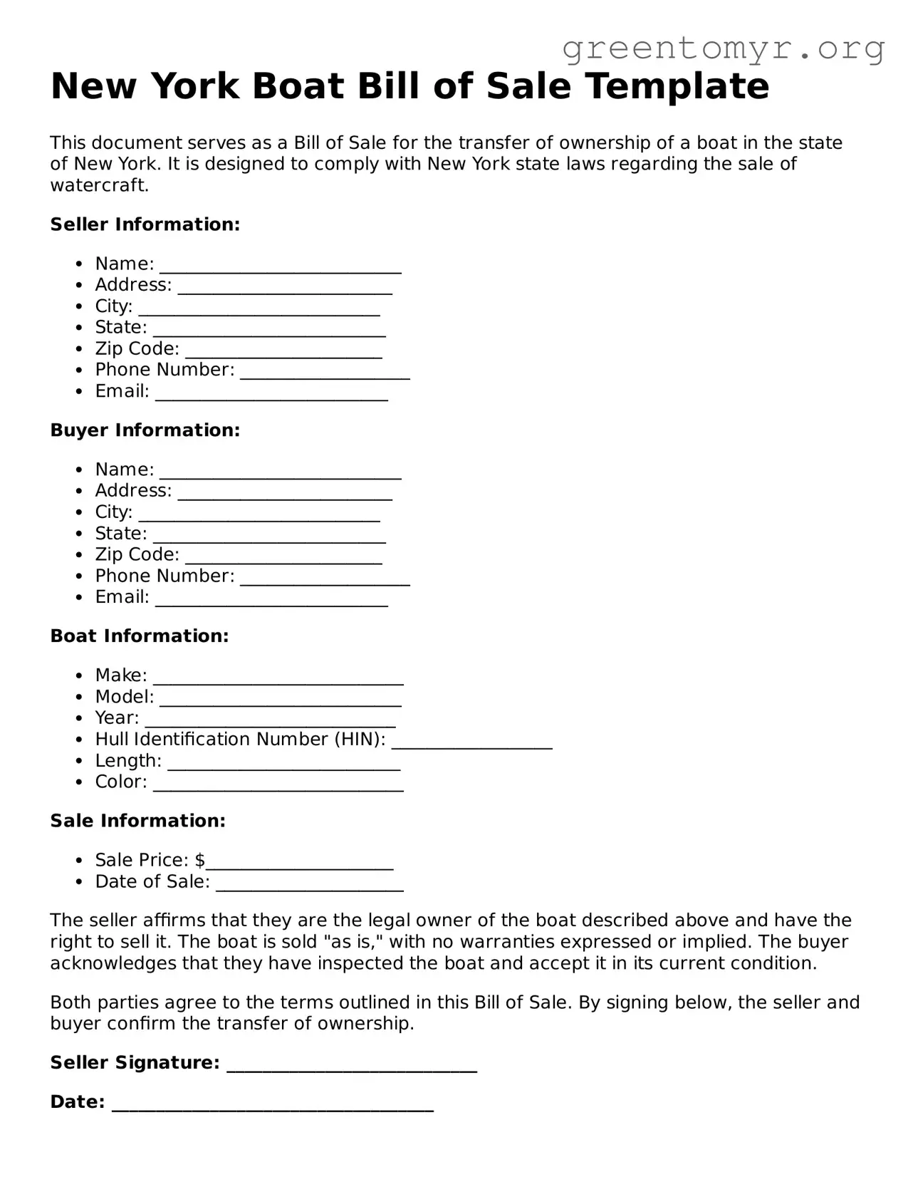 Boat Bill of Sale Form for the State of New York