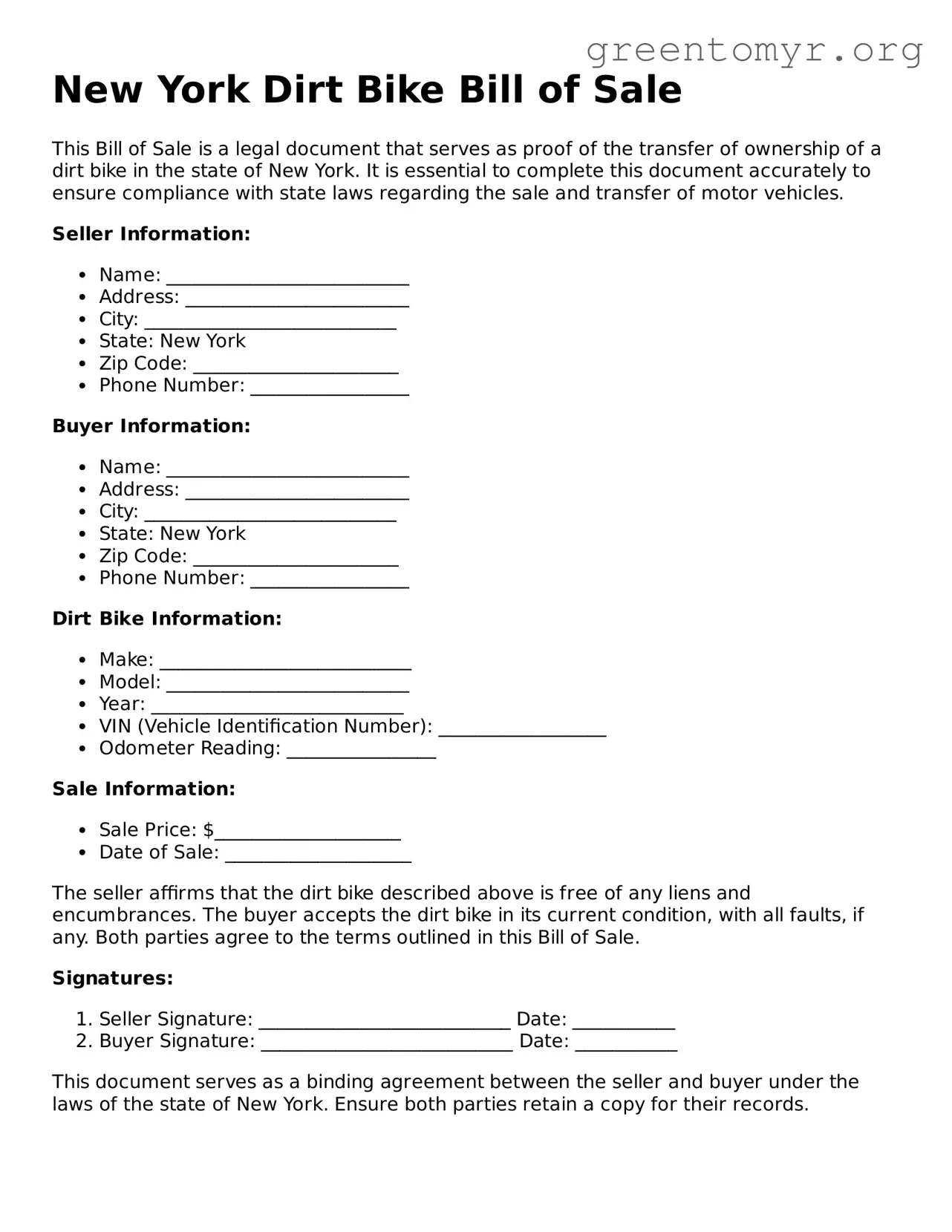 Dirt Bike Bill of Sale Form for the State of New York
