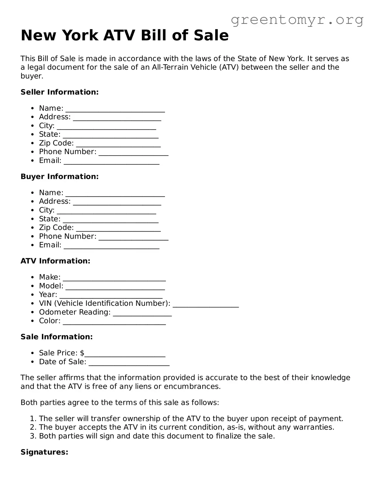 ATV Bill of Sale Form for the State of New York