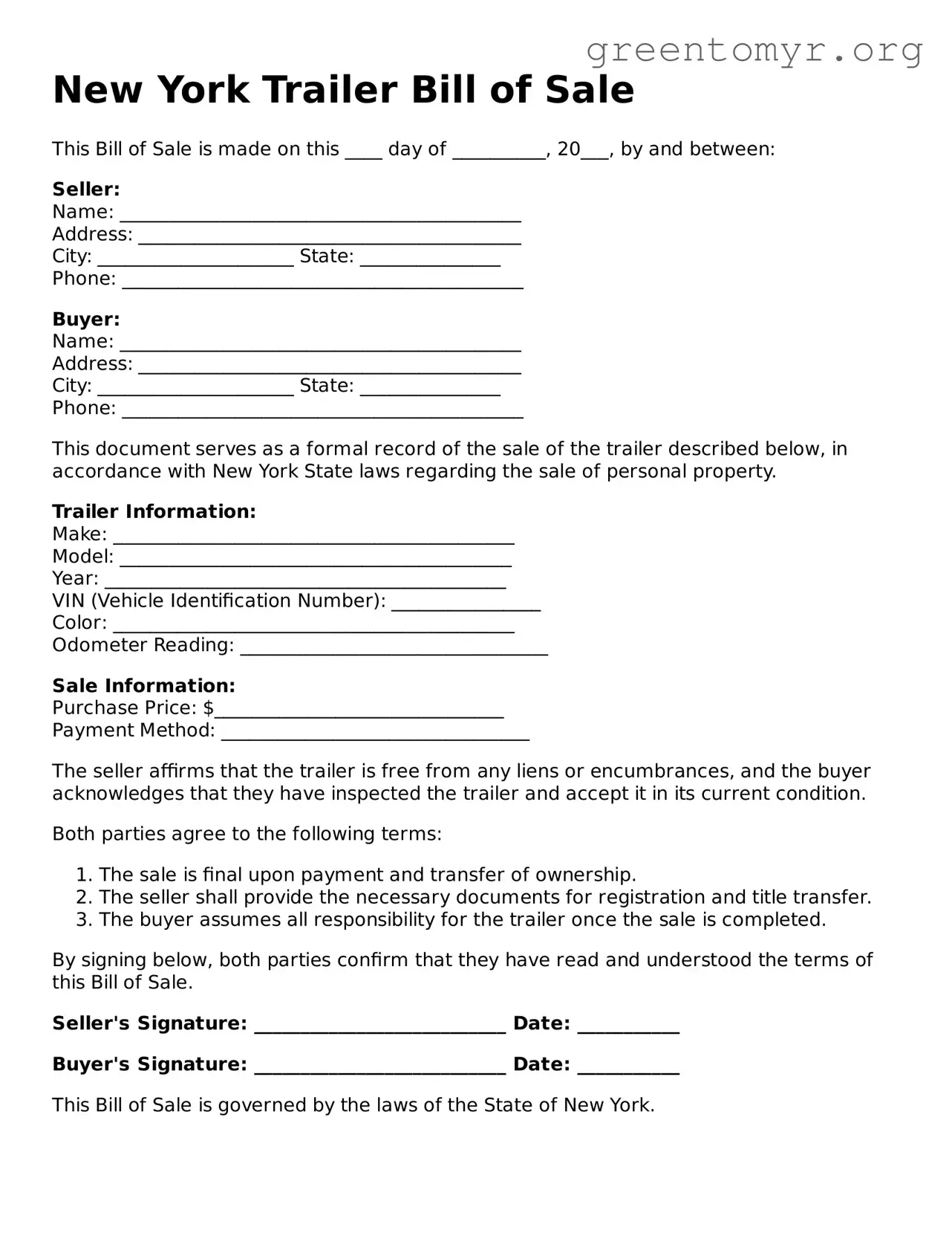 Trailer Bill of Sale Form for the State of New York