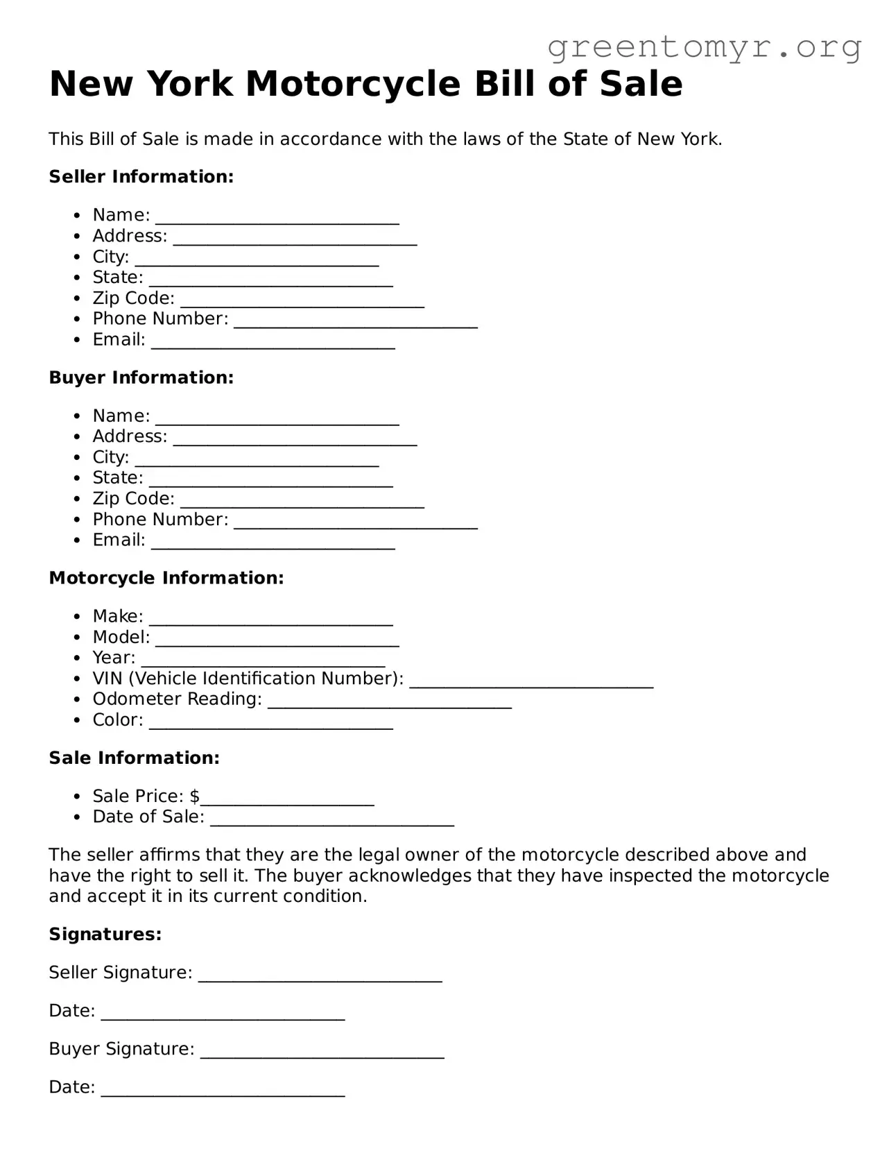 Motorcycle Bill of Sale Form for the State of New York