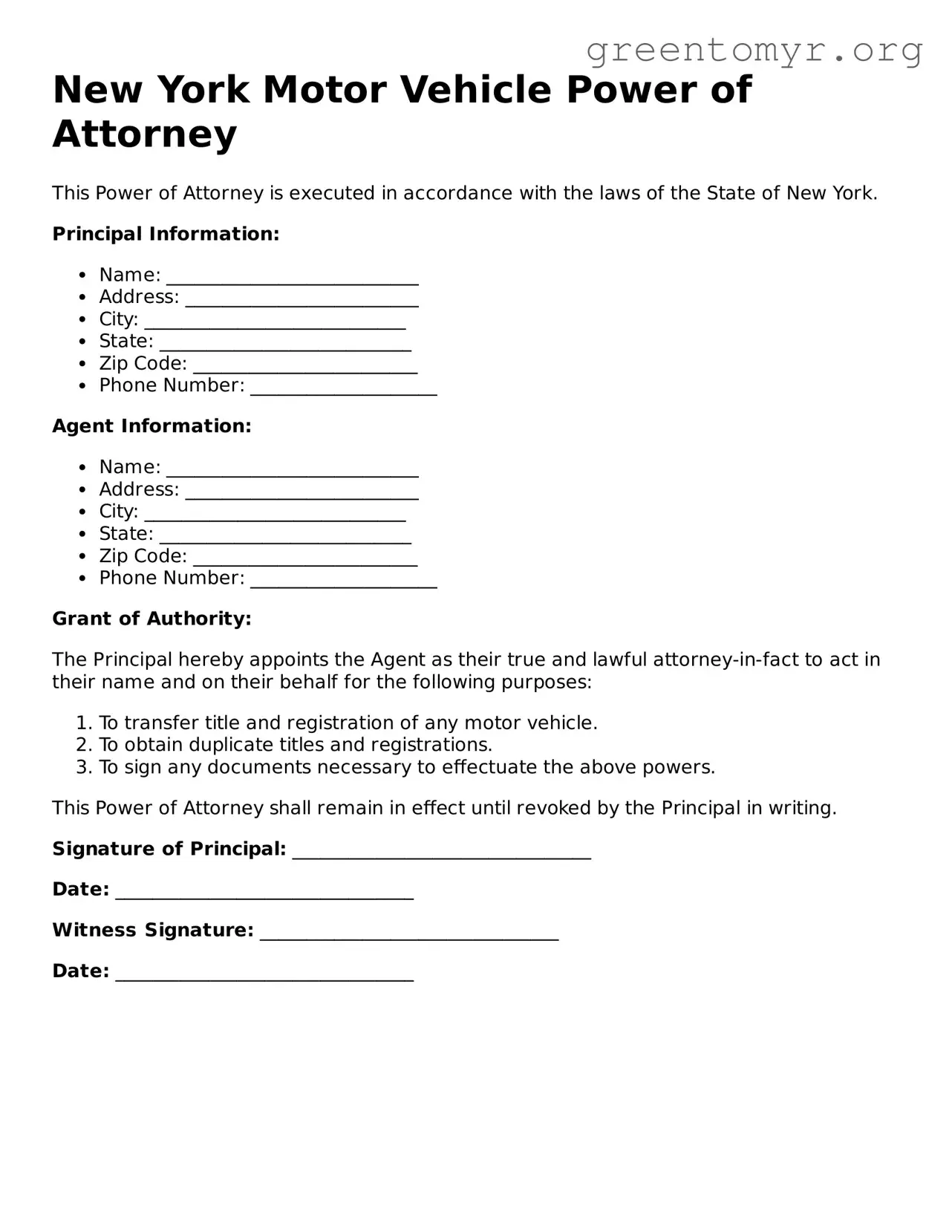 Motor Vehicle Power of Attorney Form for the State of New York