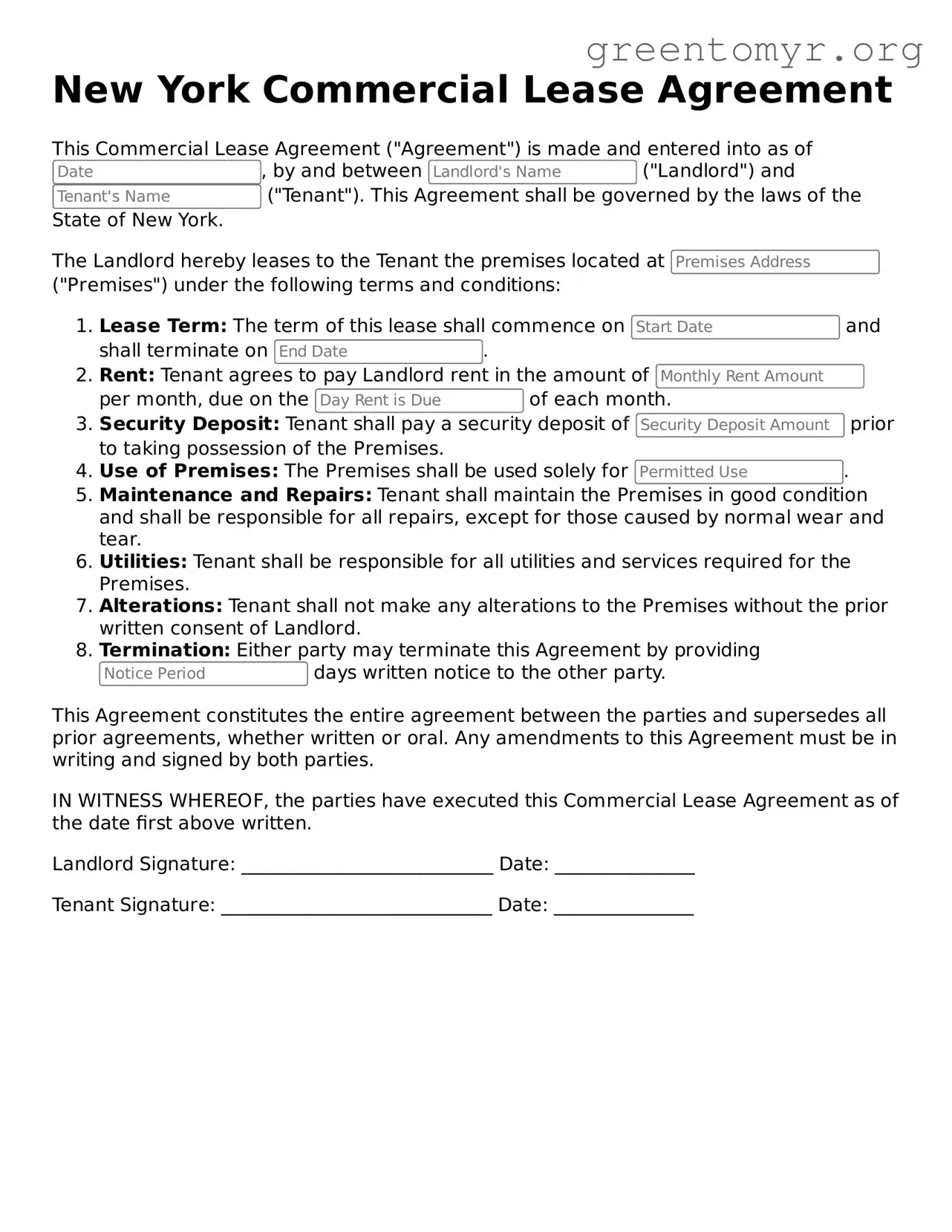 Commercial Lease Agreement Form for the State of New York