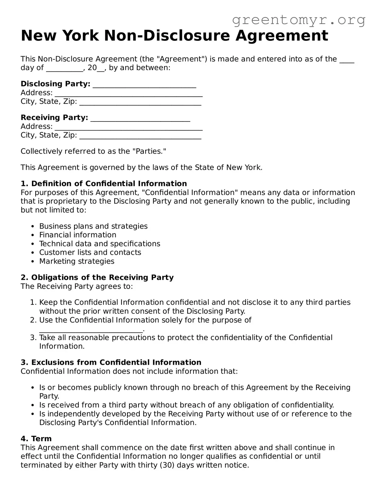 Non-disclosure Agreement Form for the State of New York