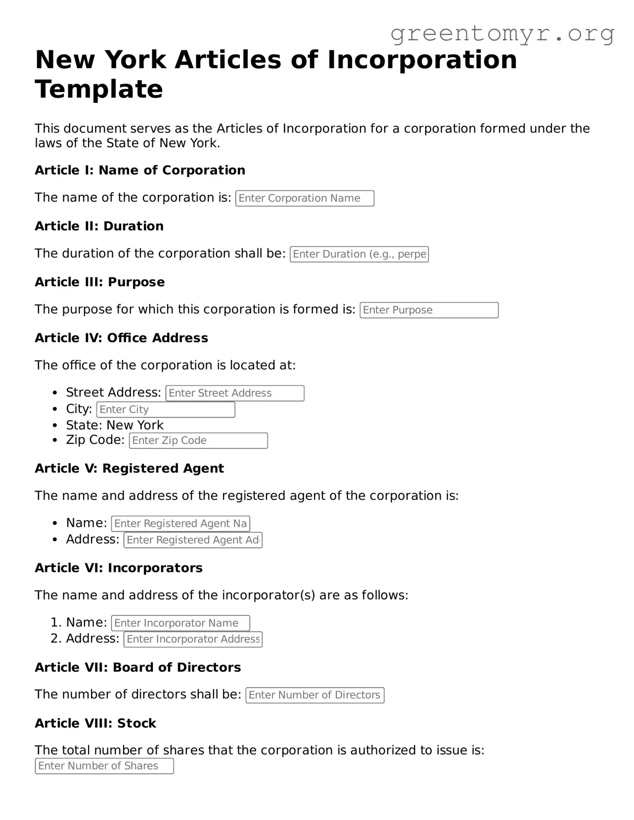 Articles of Incorporation Form for the State of New York