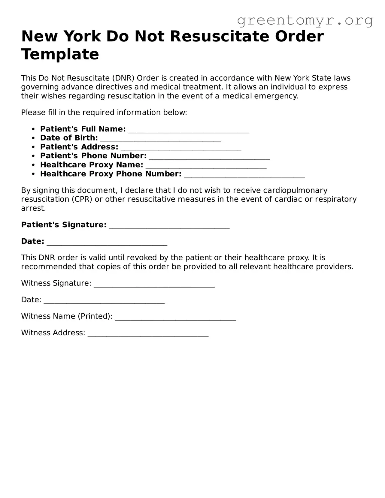 Do Not Resuscitate Order Form for the State of New York