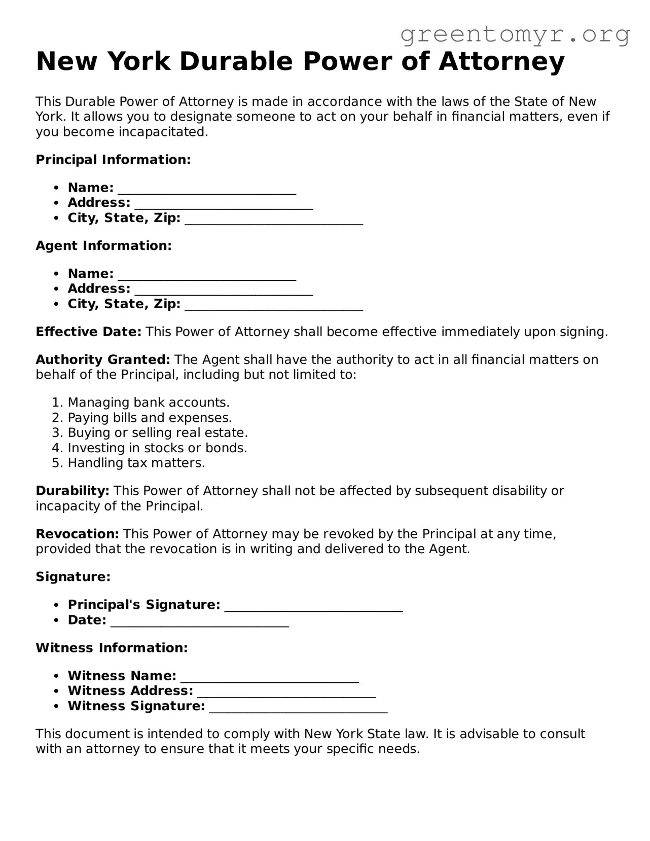 Durable Power of Attorney Form for the State of New York