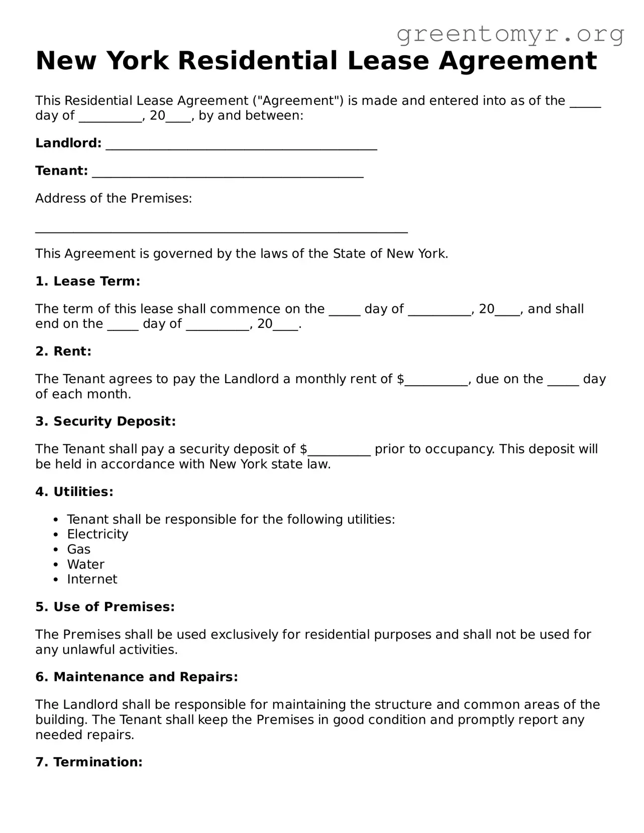 Residential Lease Agreement Form for the State of New York