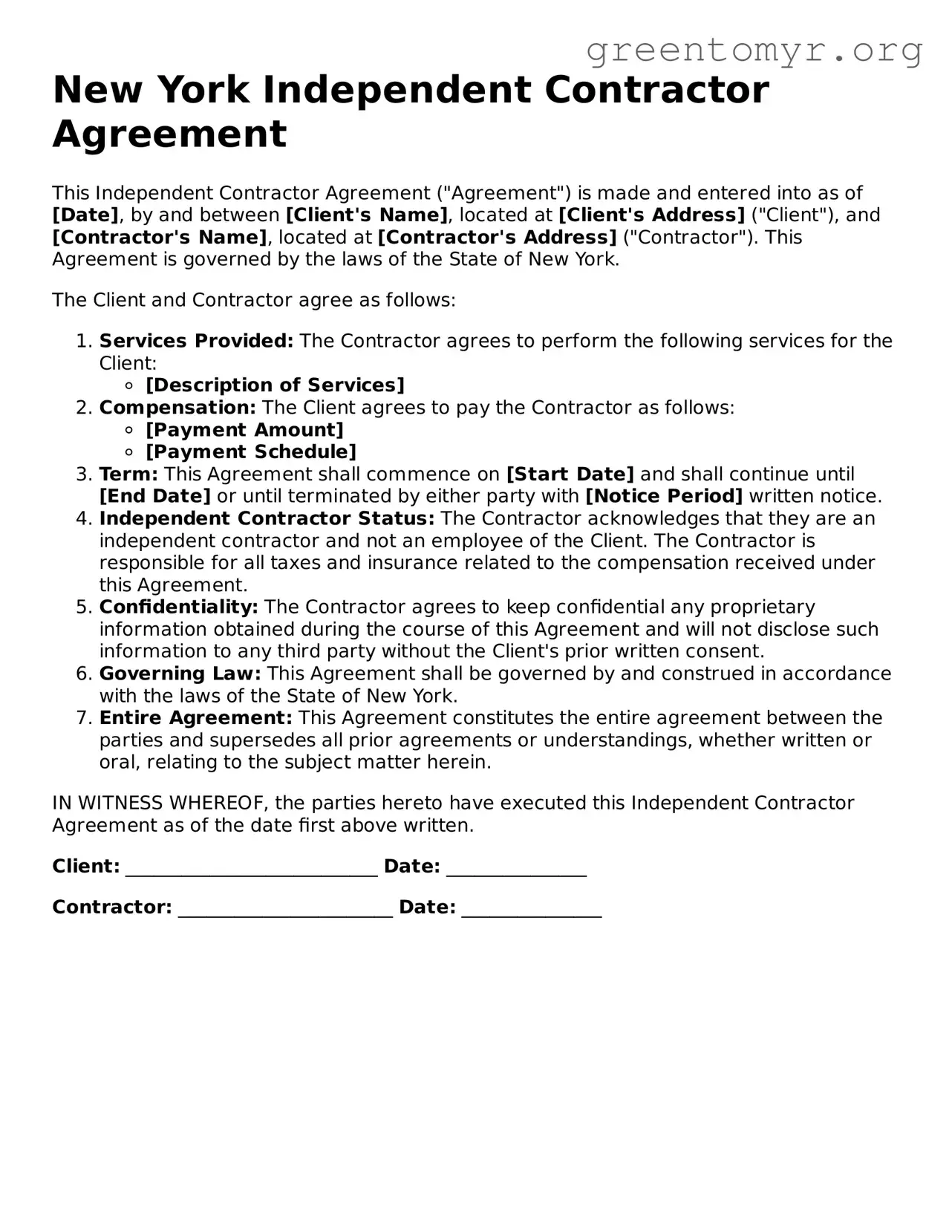 Independent Contractor Agreement Form for the State of New York