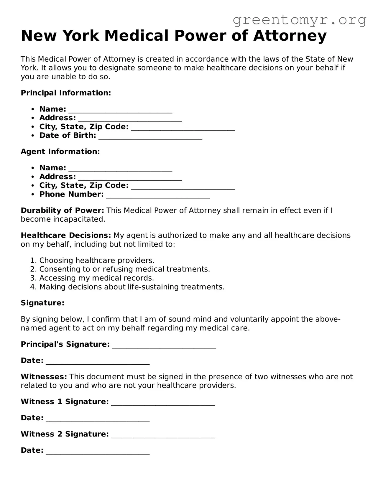 Medical Power of Attorney Form for the State of New York