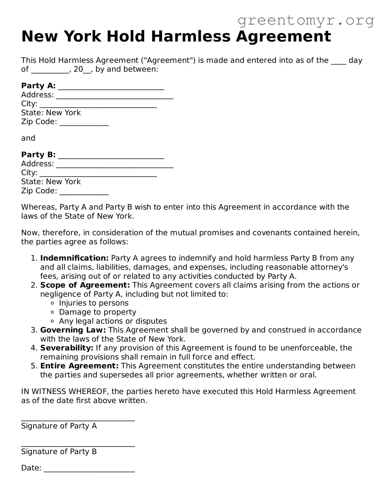 Hold Harmless Agreement Form for the State of New York