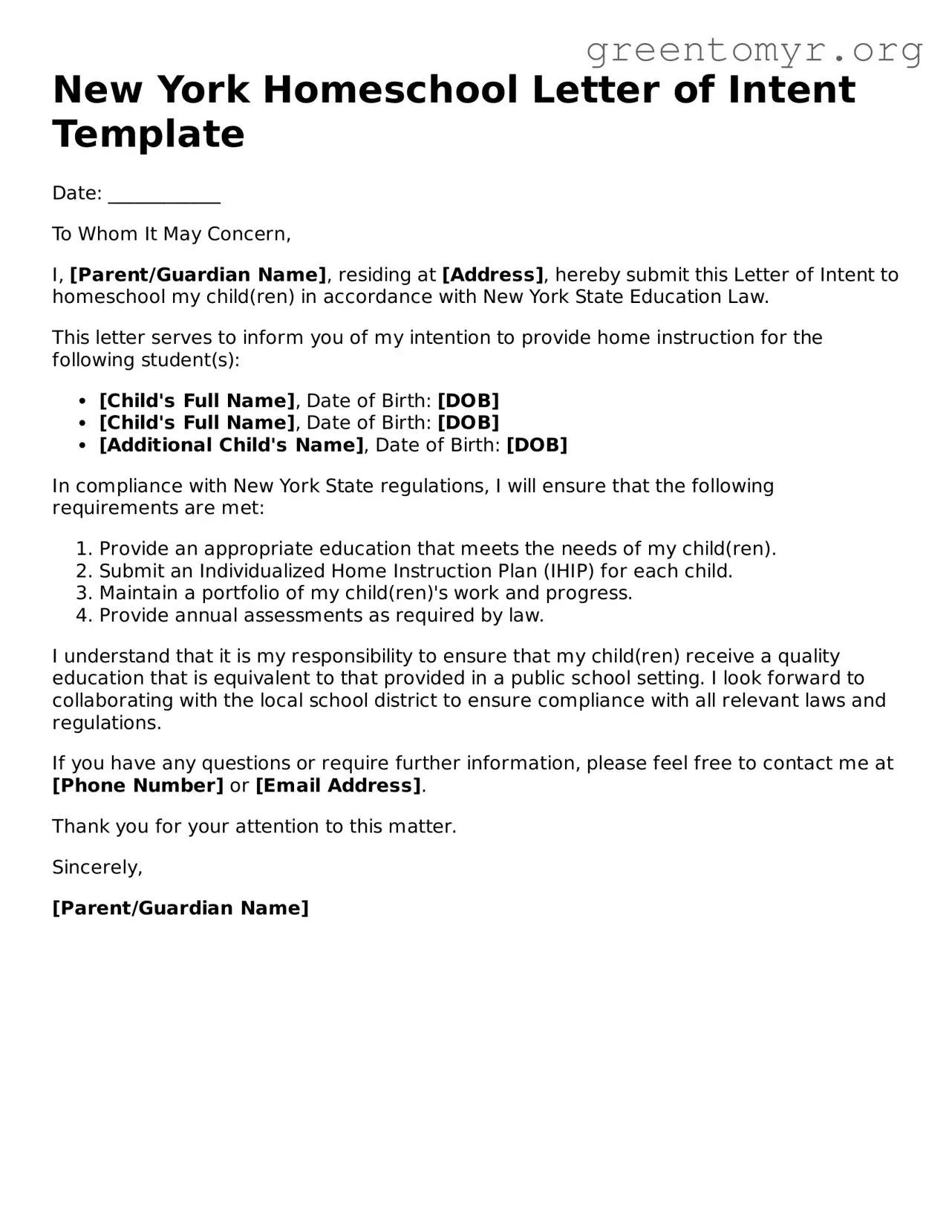 Homeschool Letter of Intent Form for the State of New York