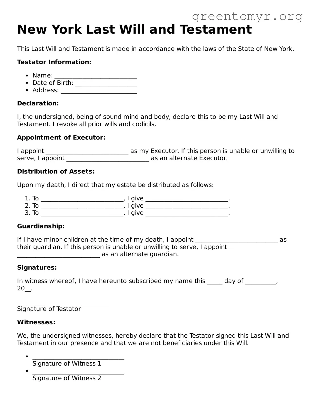 Last Will and Testament Form for the State of New York