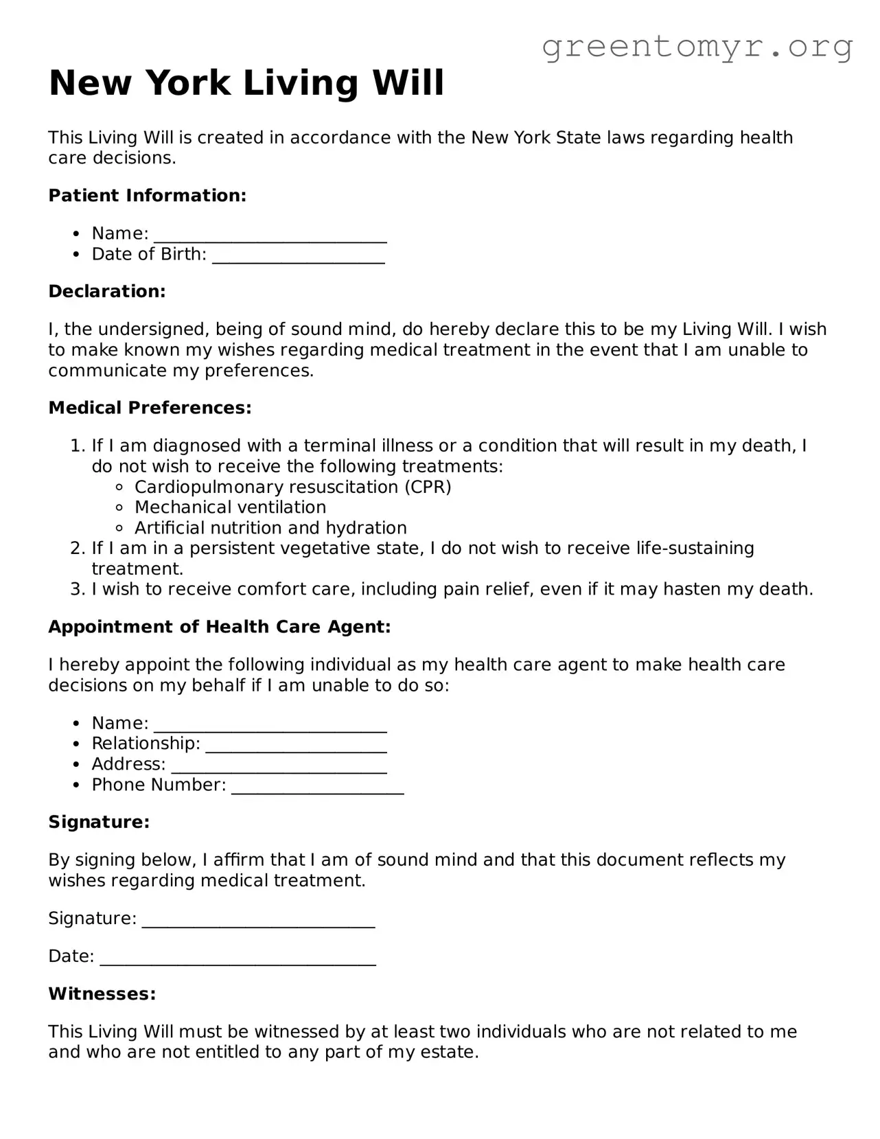 Living Will Form for the State of New York