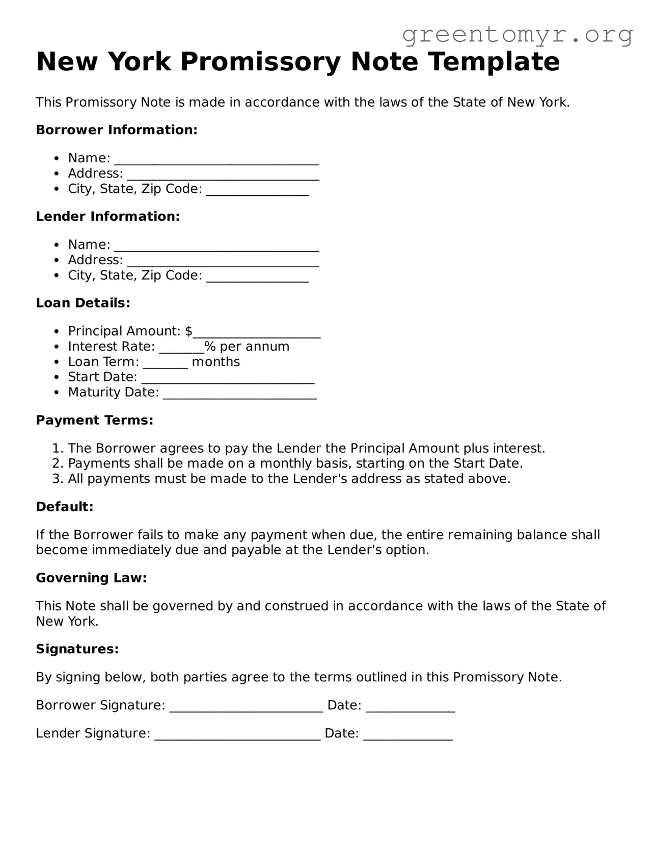 Promissory Note Form for the State of New York