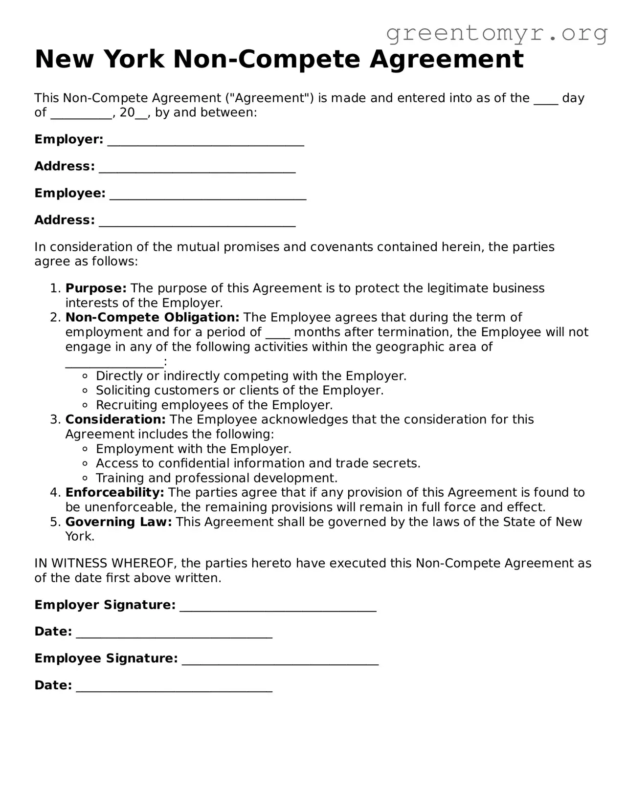 Non-compete Agreement Form for the State of New York
