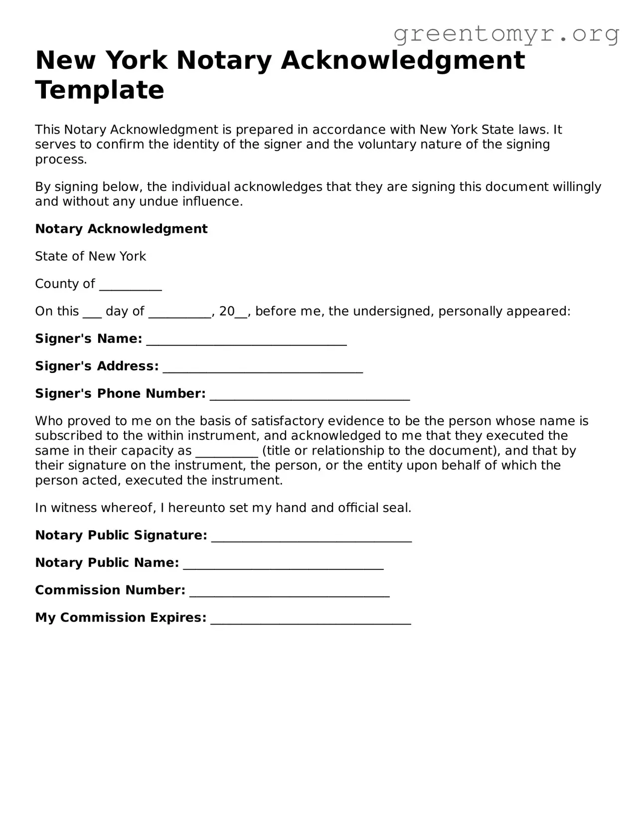 Notary Acknowledgement Form for the State of New York