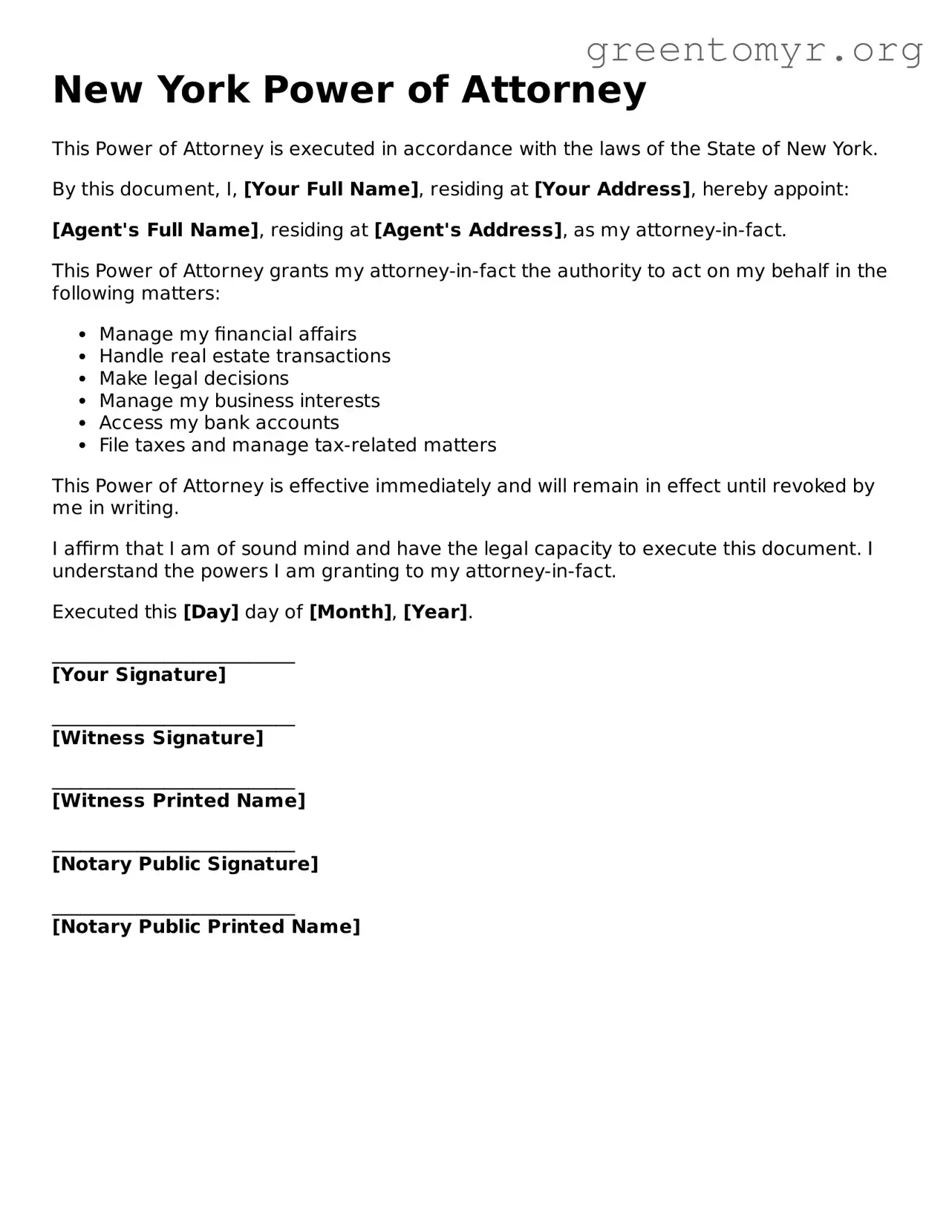 Power of Attorney Form for the State of New York