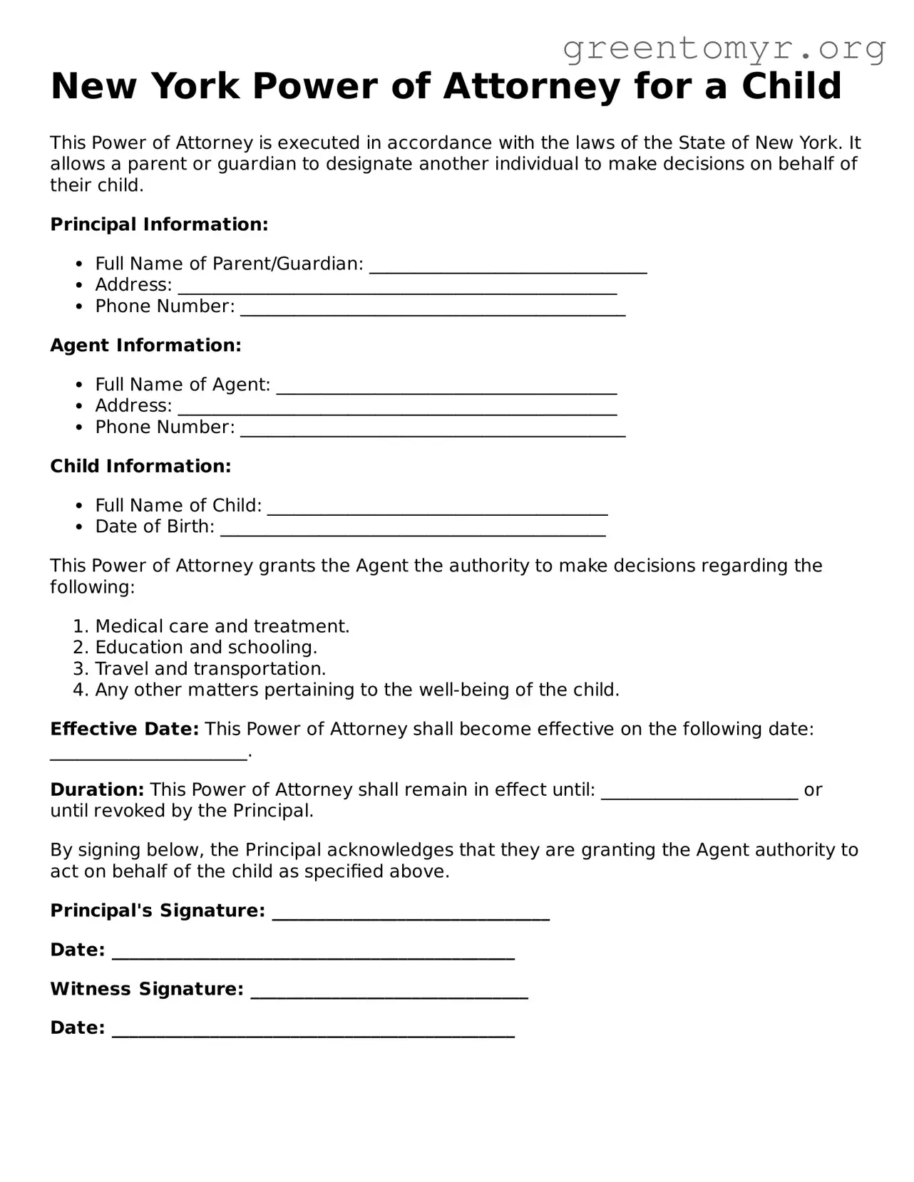 Power of Attorney for a Child Form for the State of New York