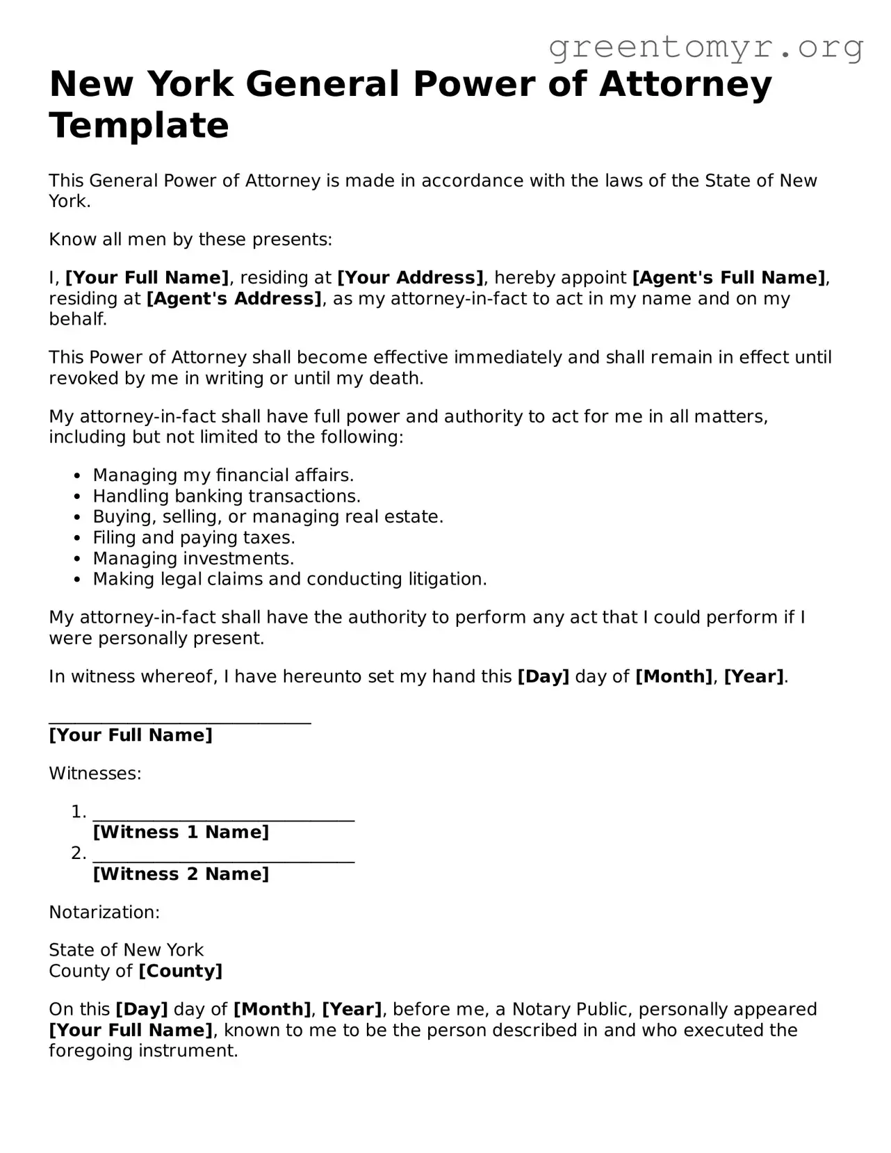 General Power of Attorney Form for the State of New York