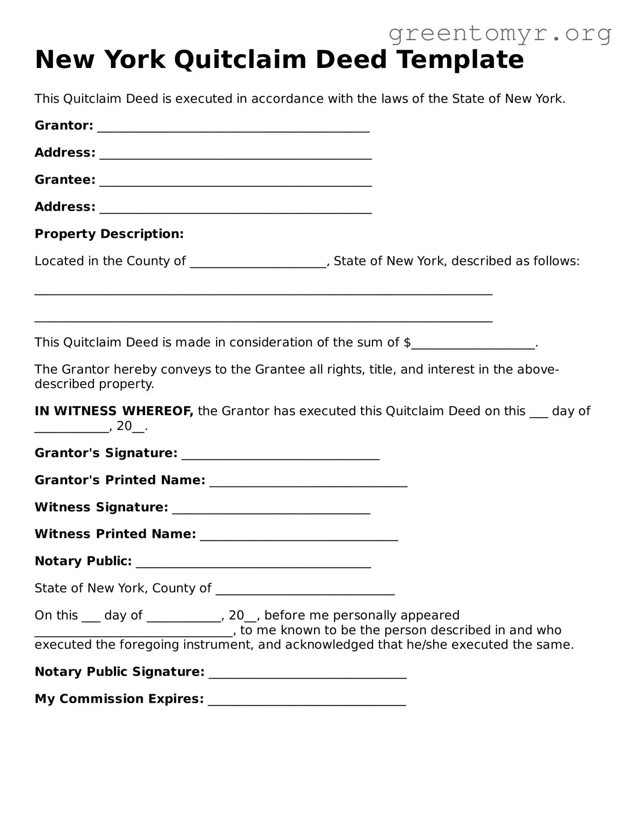 Quitclaim Deed Form for the State of New York