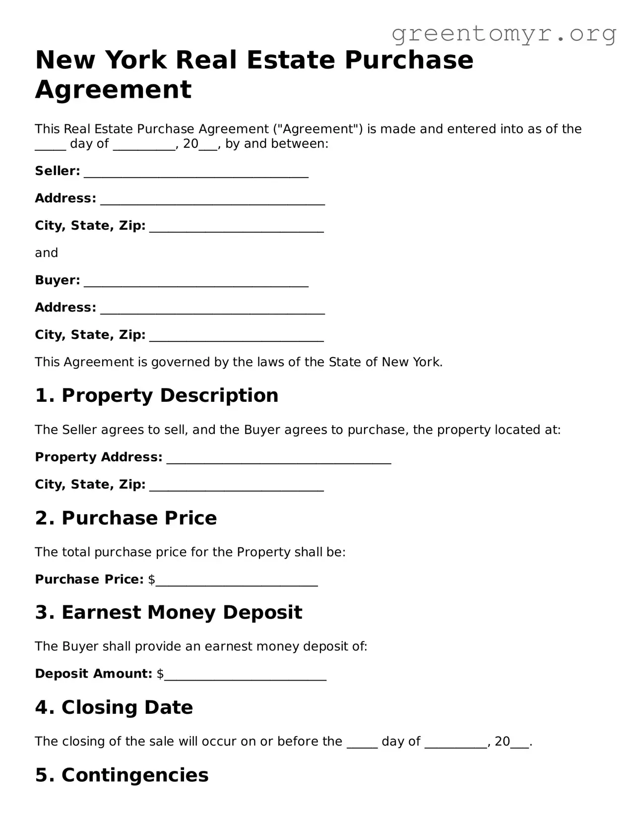Real Estate Purchase Agreement Form for the State of New York