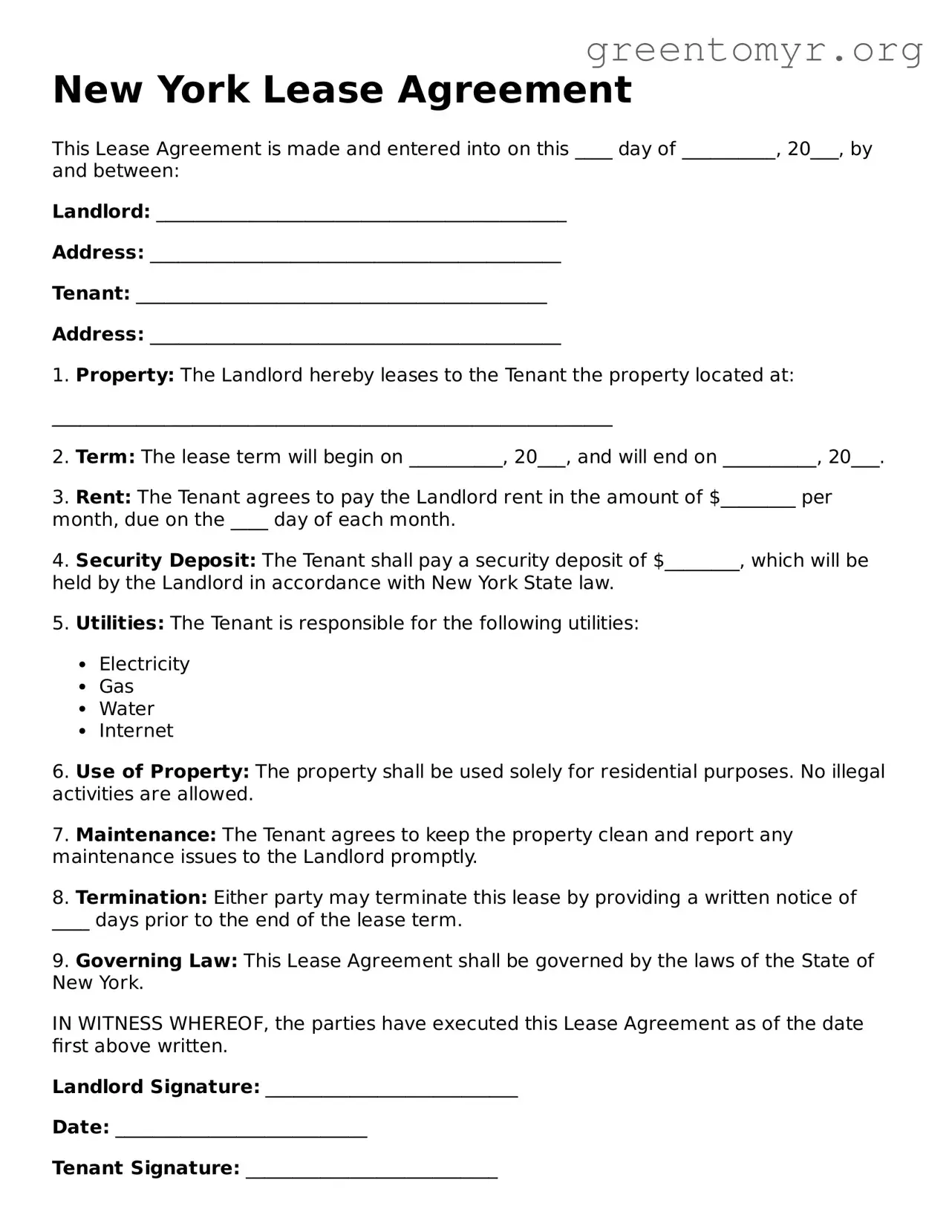 Lease Agreement Form for the State of New York