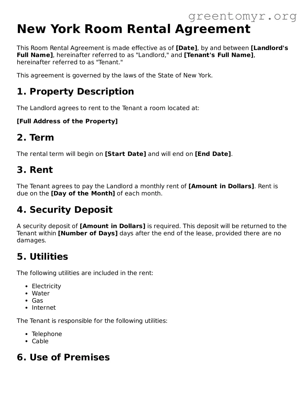 Room Rental Agreement Form for the State of New York