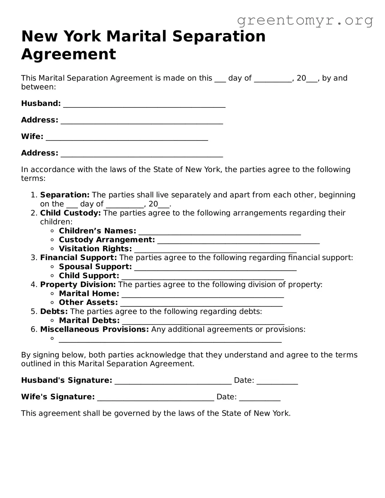 Marital Separation Agreement Form for the State of New York