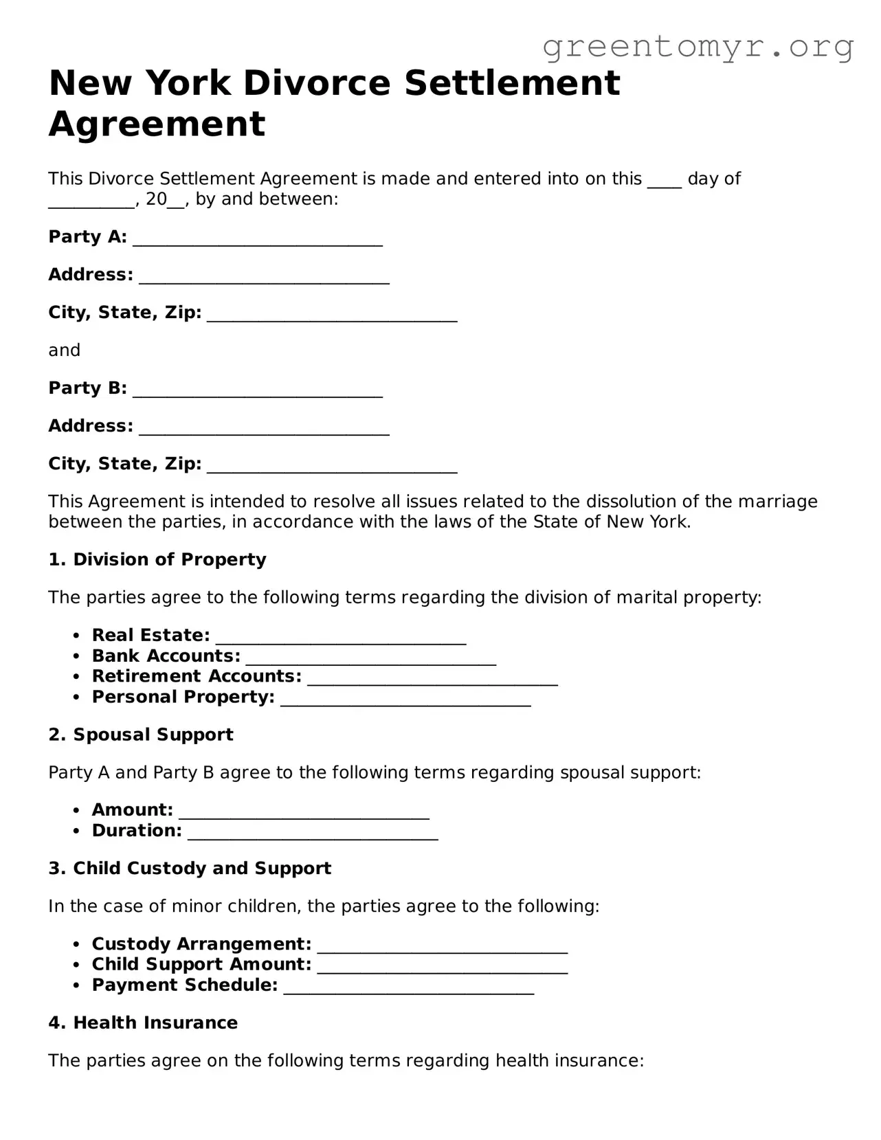 Divorce Settlement Agreement Form for the State of New York