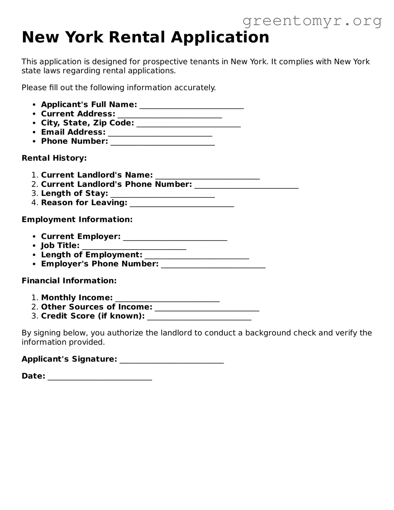 Rental Application Form for the State of New York