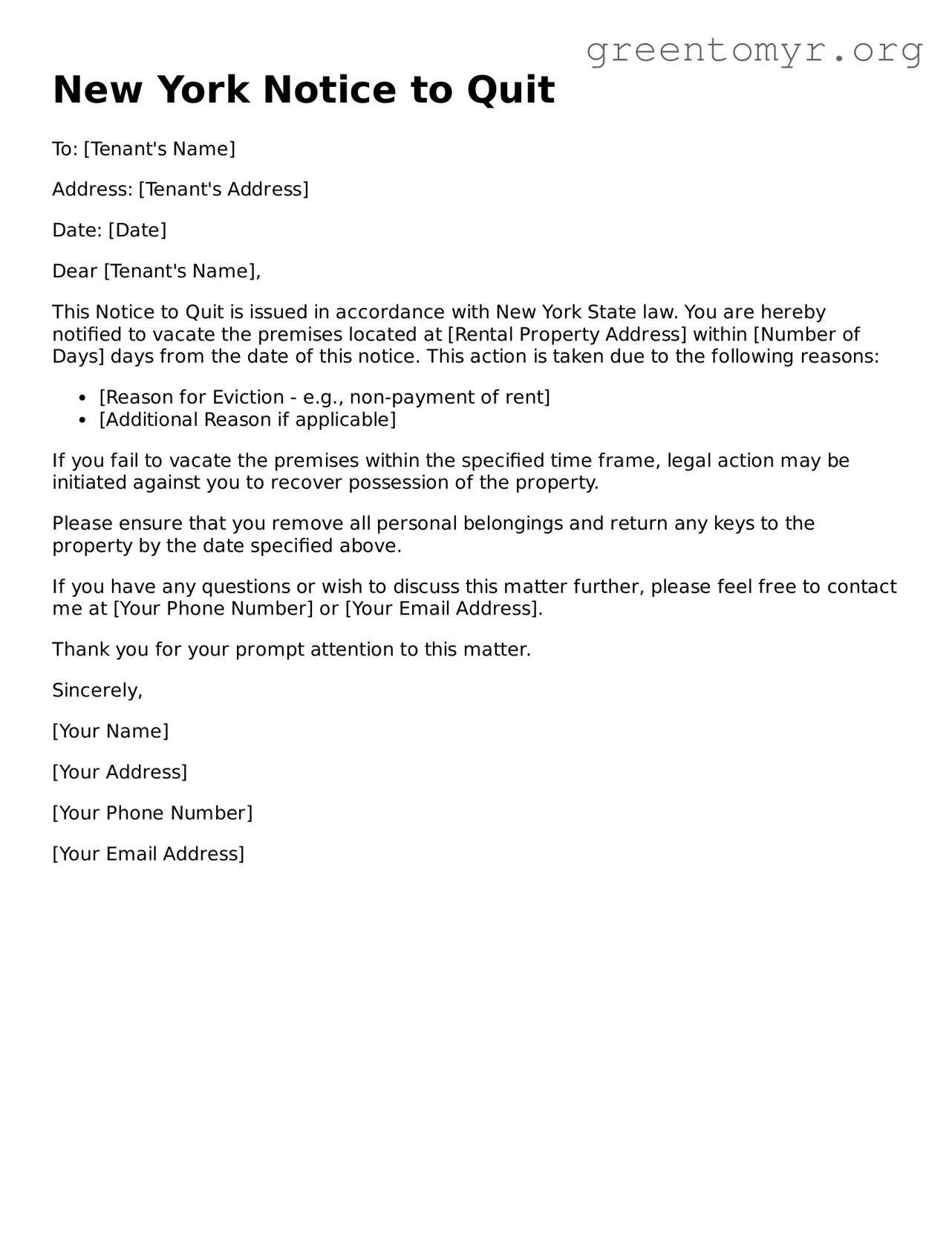 Notice to Quit Form for the State of New York