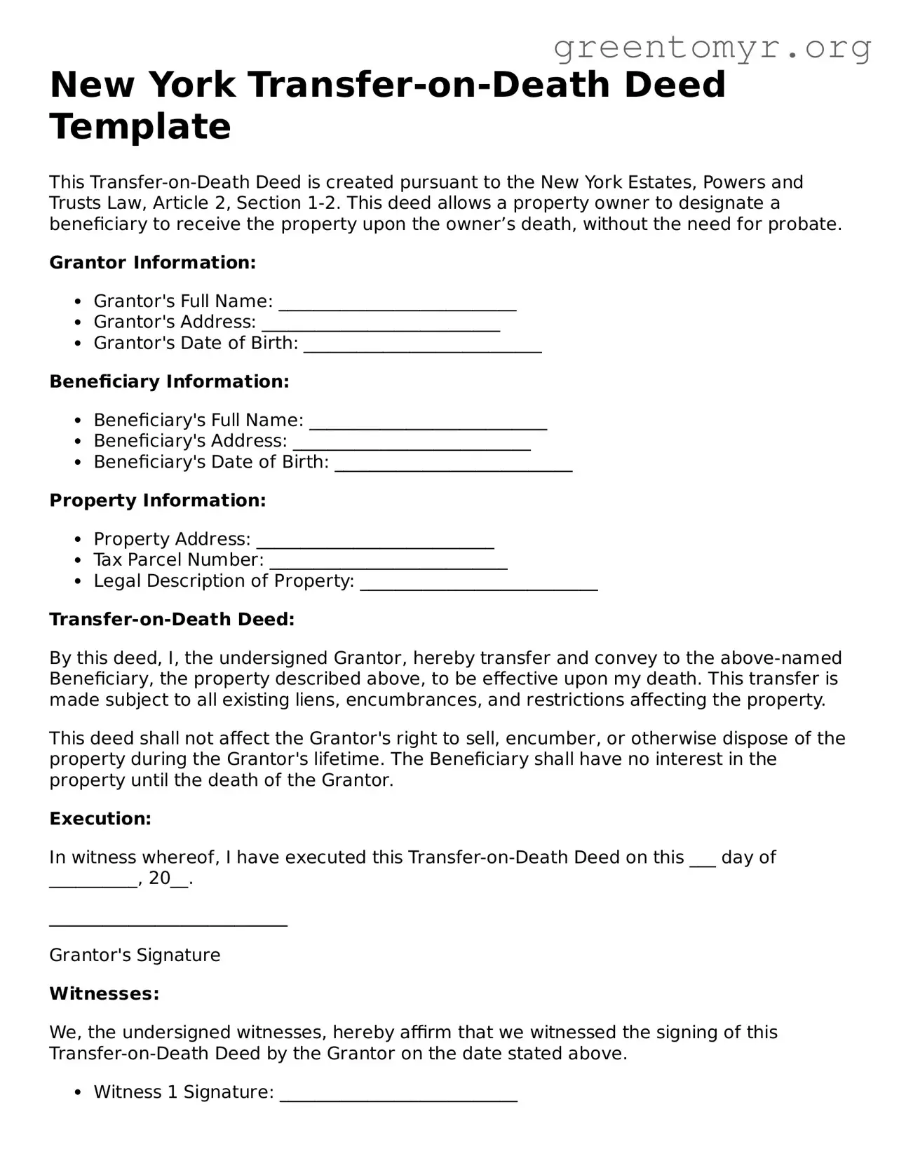 Transfer-on-Death Deed Form for the State of New York