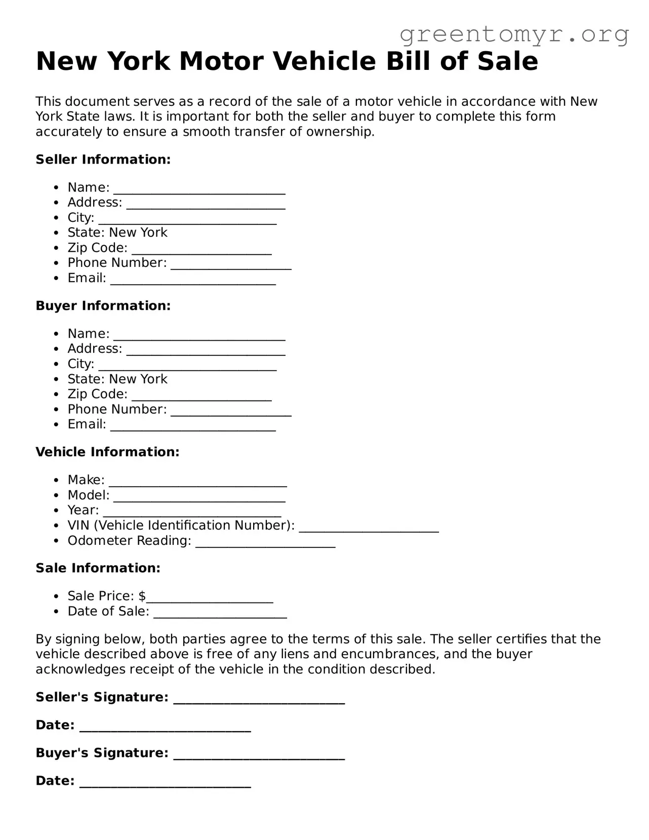 Motor Vehicle Bill of Sale Form for the State of New York