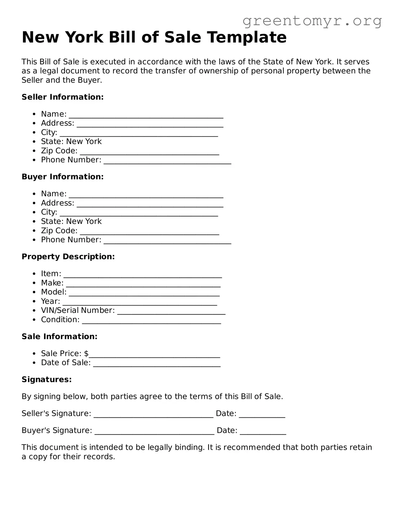 Bill of Sale Form for the State of New York