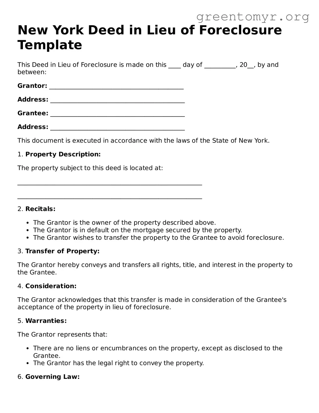 Deed in Lieu of Foreclosure Form for the State of New York