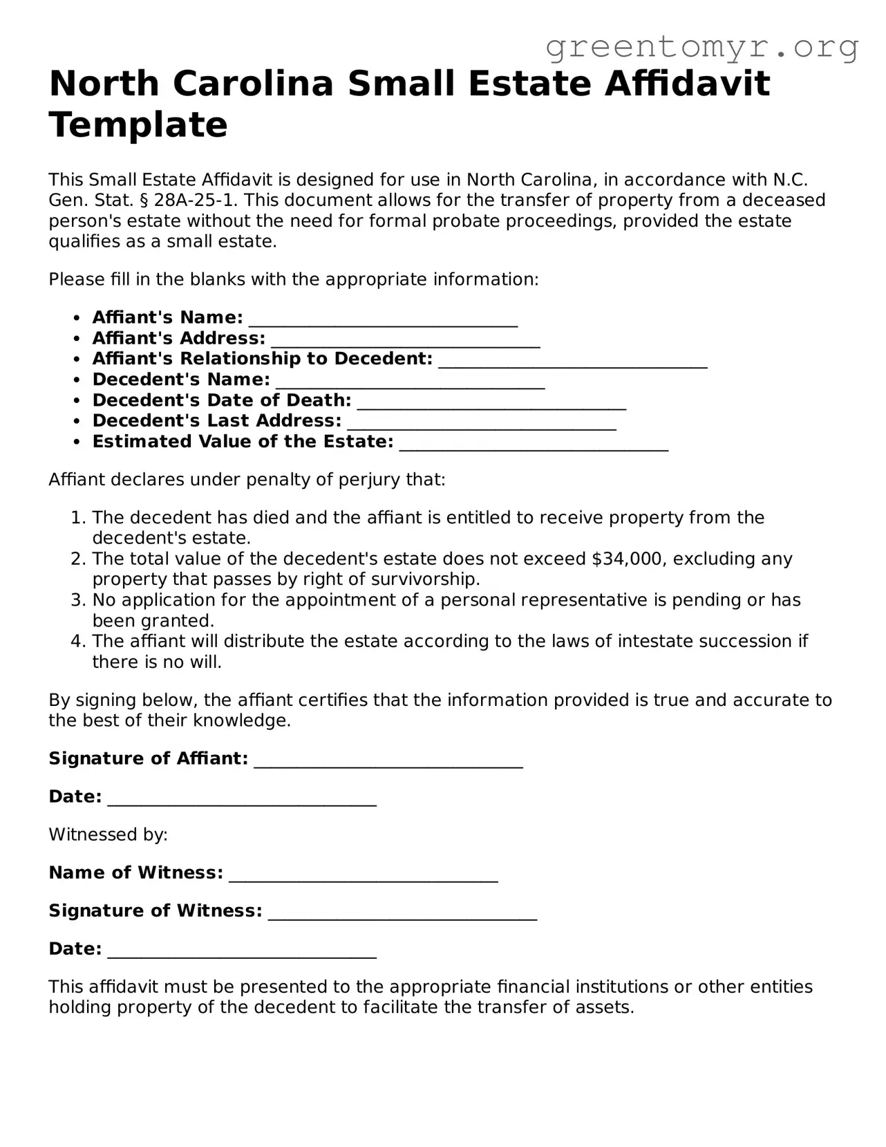 Small Estate Affidavit Form for the State of North Carolina