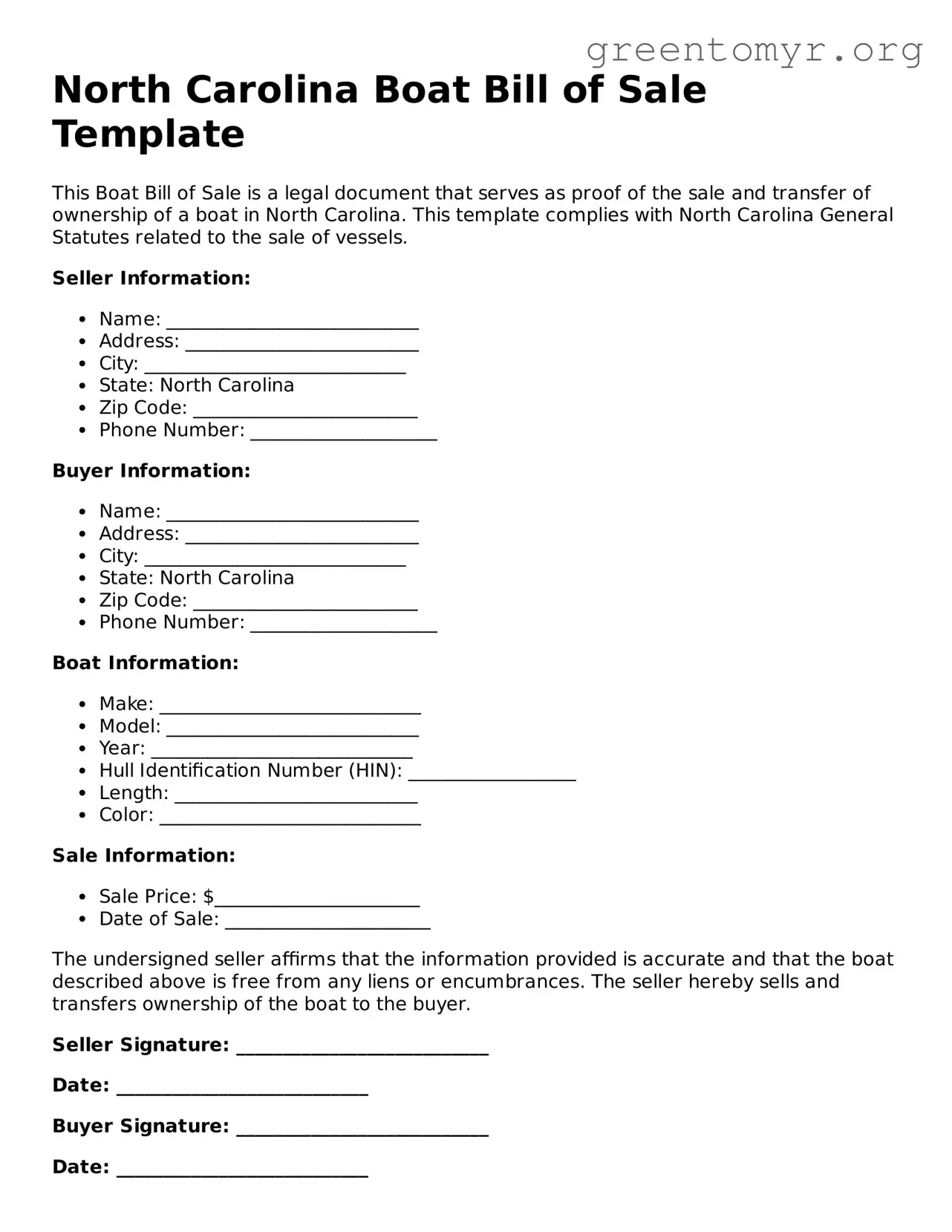 Boat Bill of Sale Form for the State of North Carolina