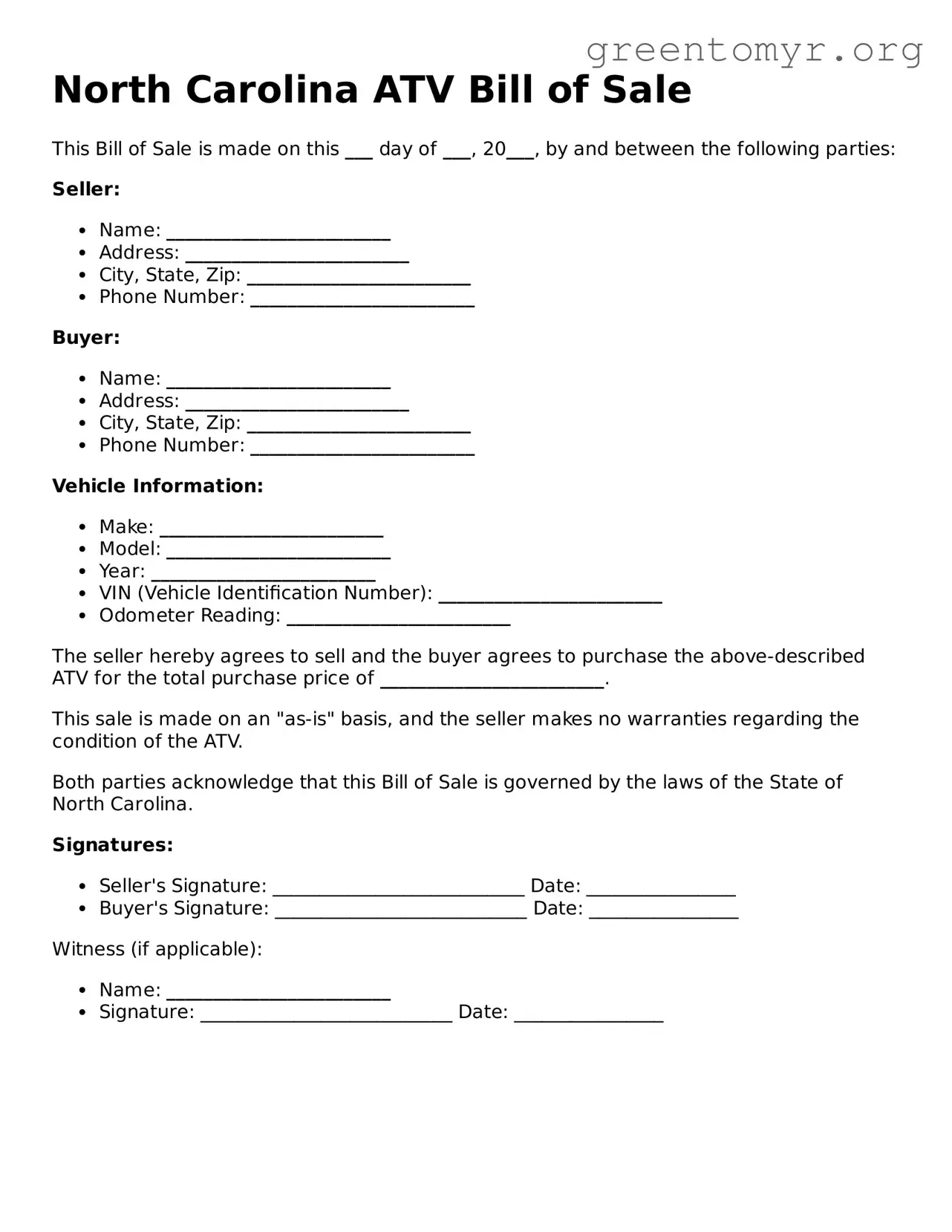 ATV Bill of Sale Form for the State of North Carolina