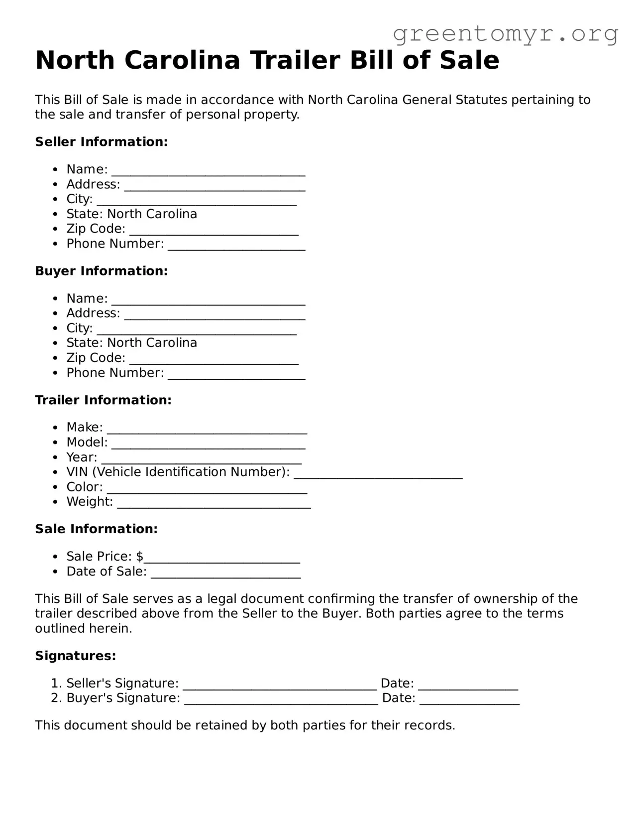 Trailer Bill of Sale Form for the State of North Carolina