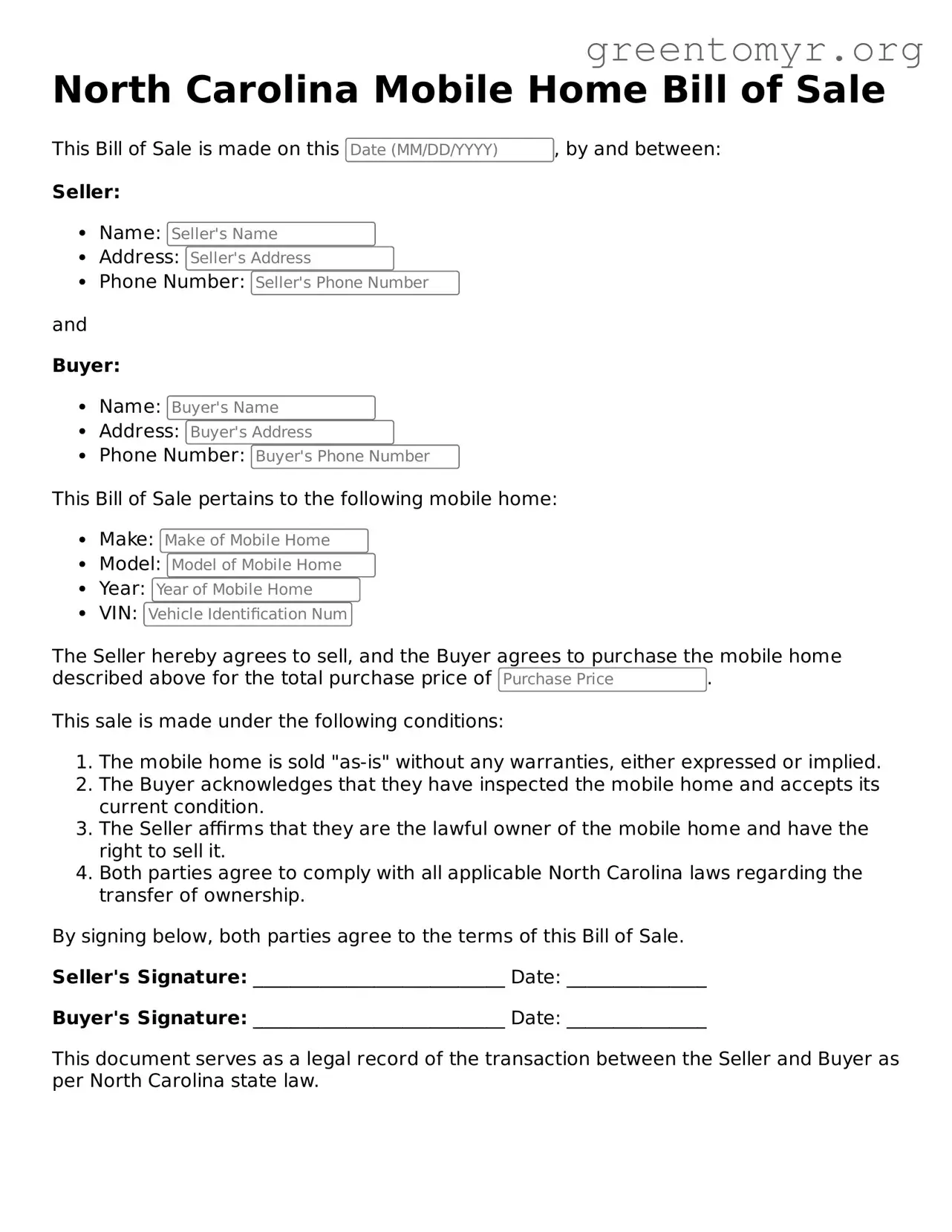Mobile Home Bill of Sale Form for the State of North Carolina