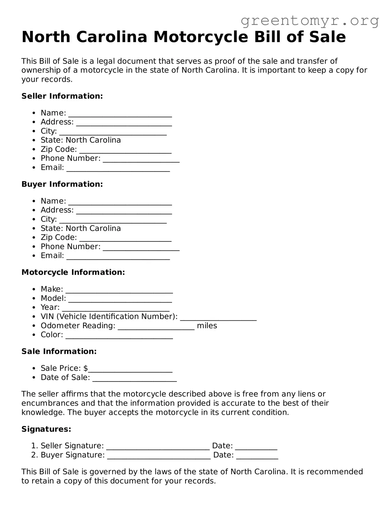 Motorcycle Bill of Sale Form for the State of North Carolina