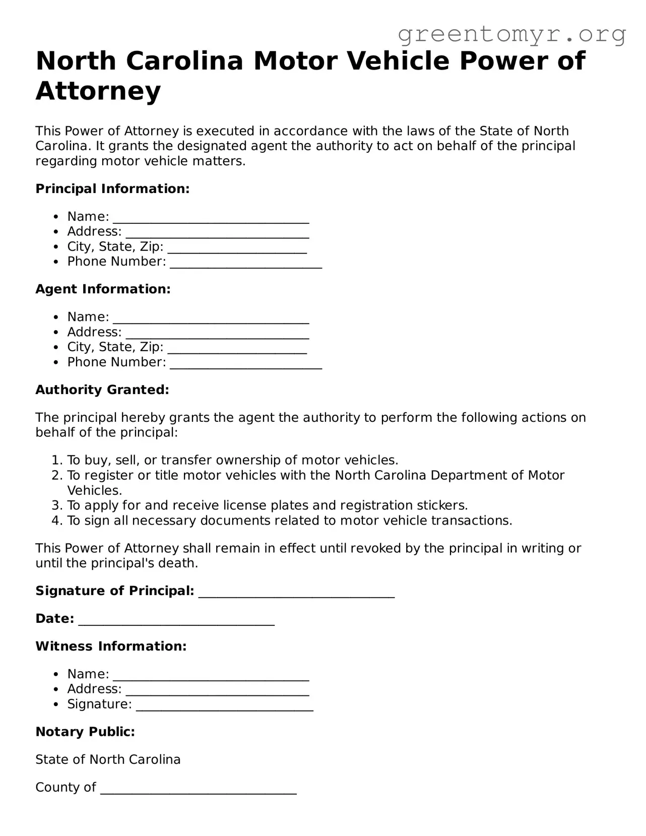 Motor Vehicle Power of Attorney Form for the State of North Carolina