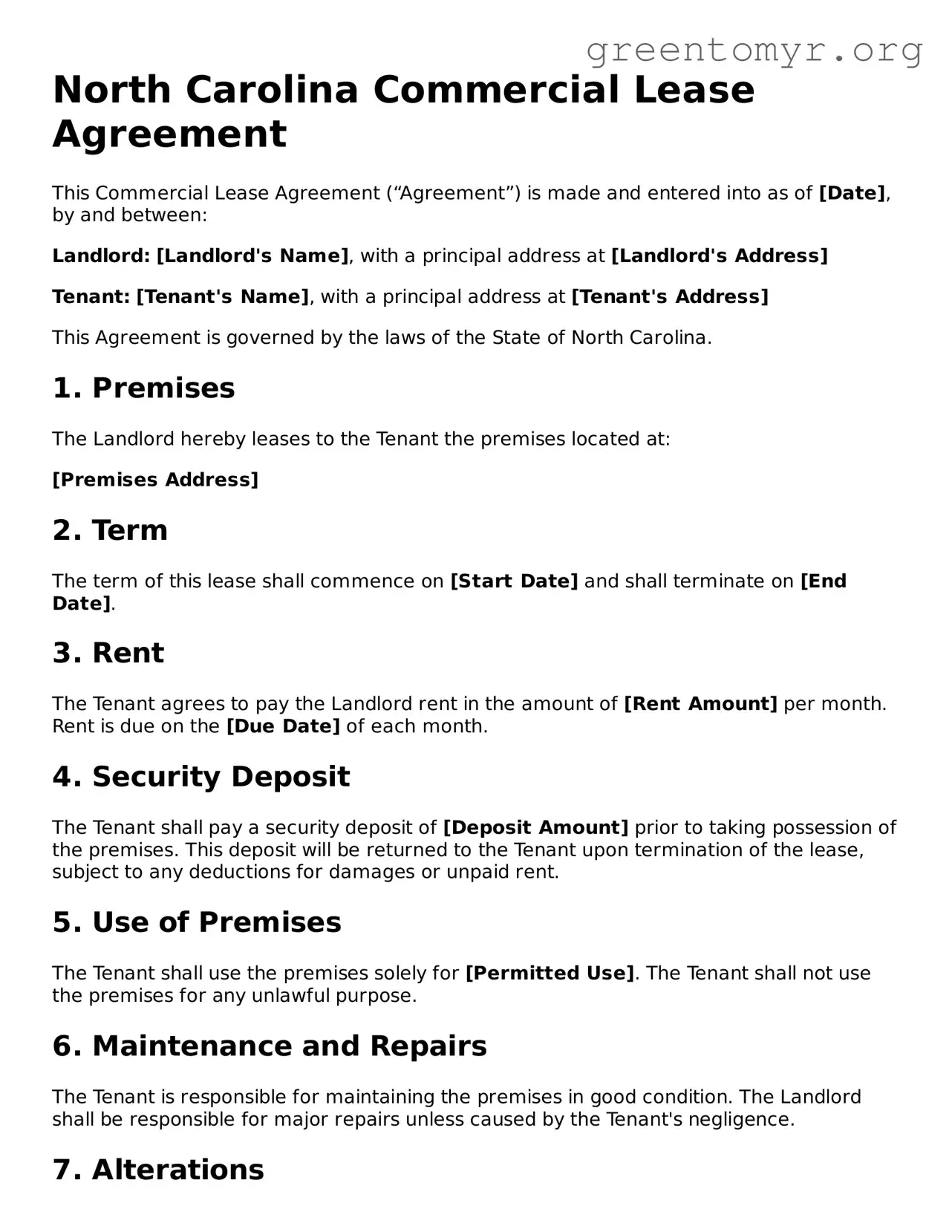 Commercial Lease Agreement Form for the State of North Carolina