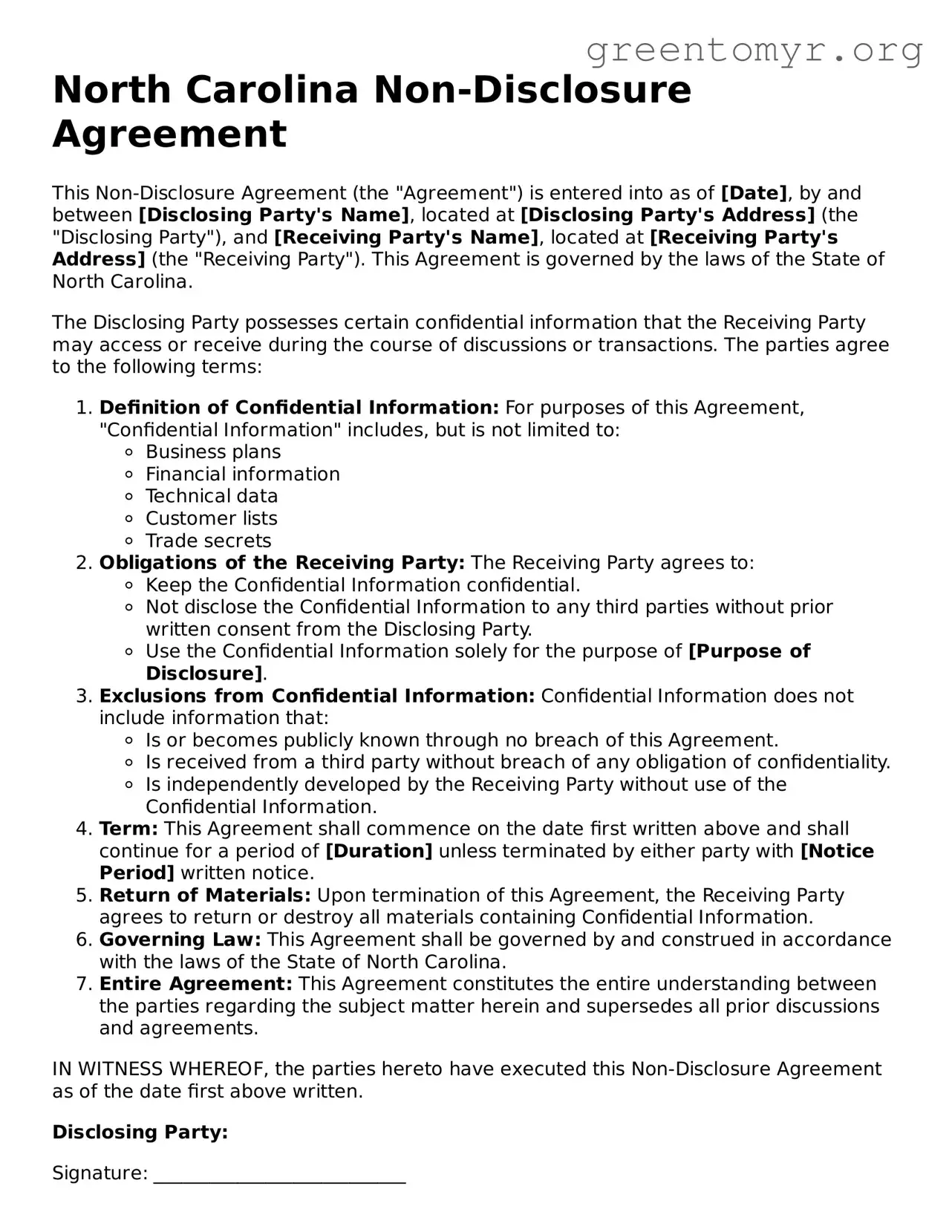 Non-disclosure Agreement Form for the State of North Carolina
