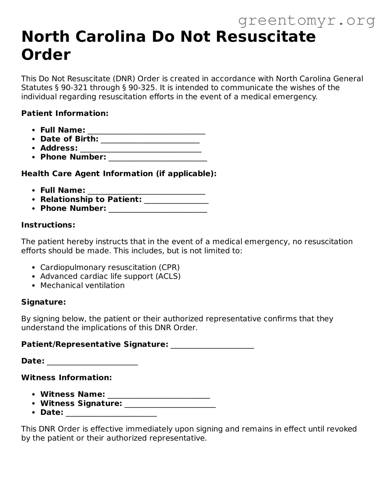 Do Not Resuscitate Order Form for the State of North Carolina