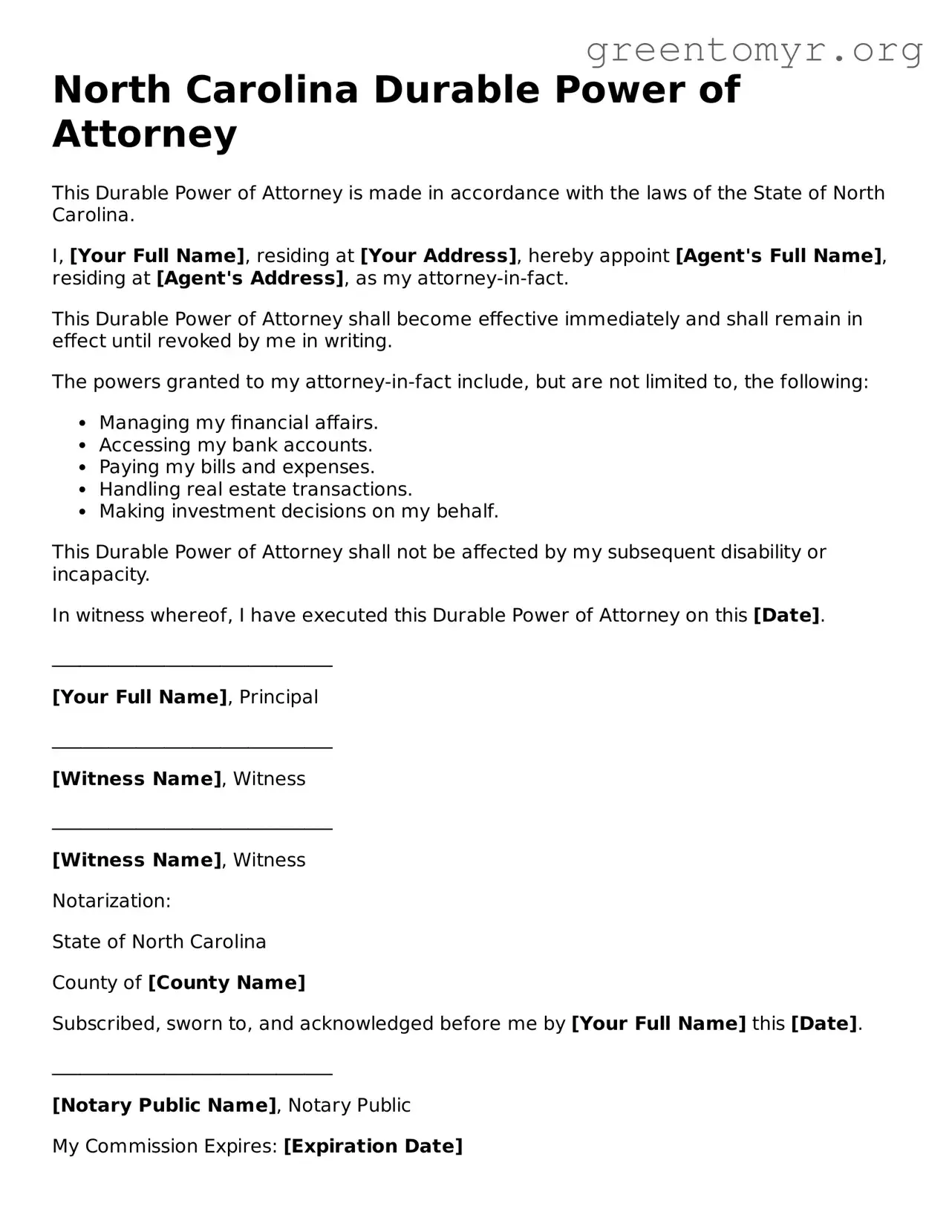 Durable Power of Attorney Form for the State of North Carolina