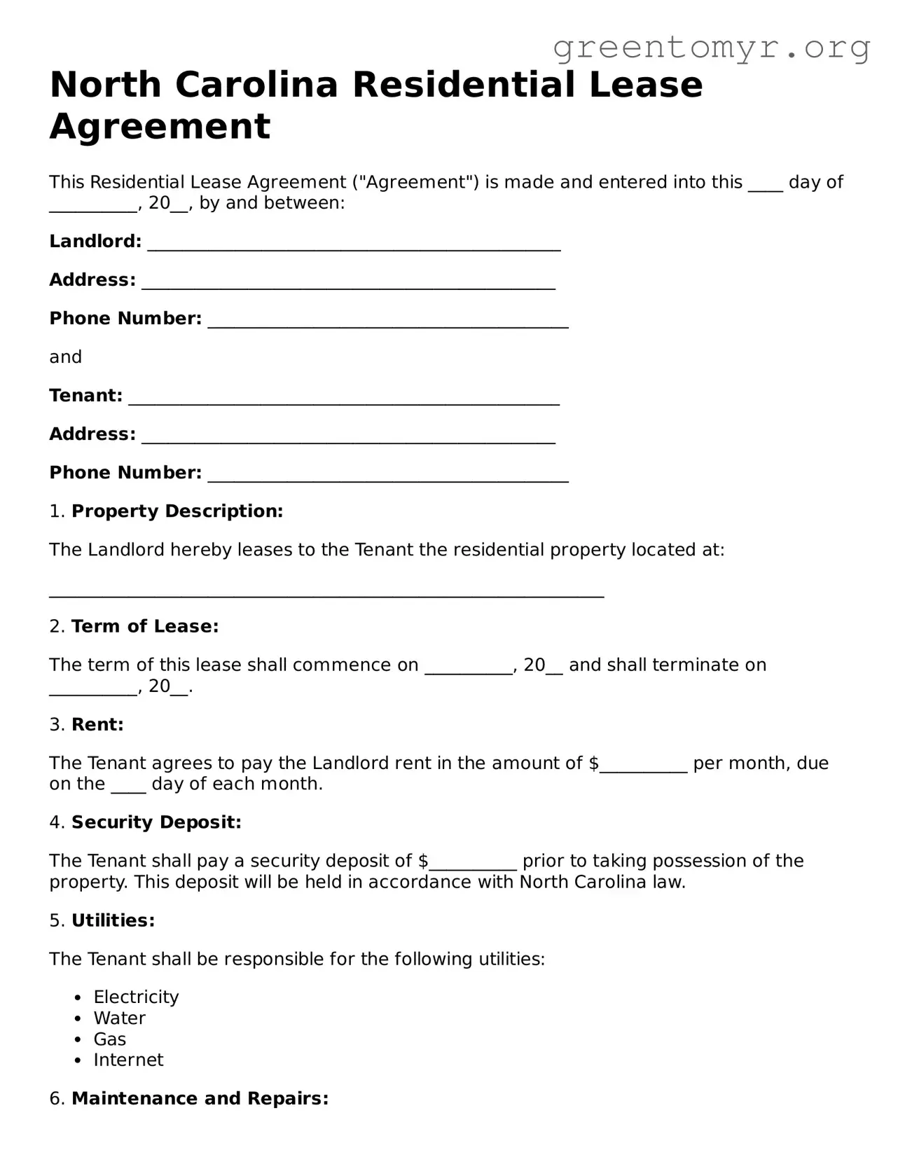 Residential Lease Agreement Form for the State of North Carolina